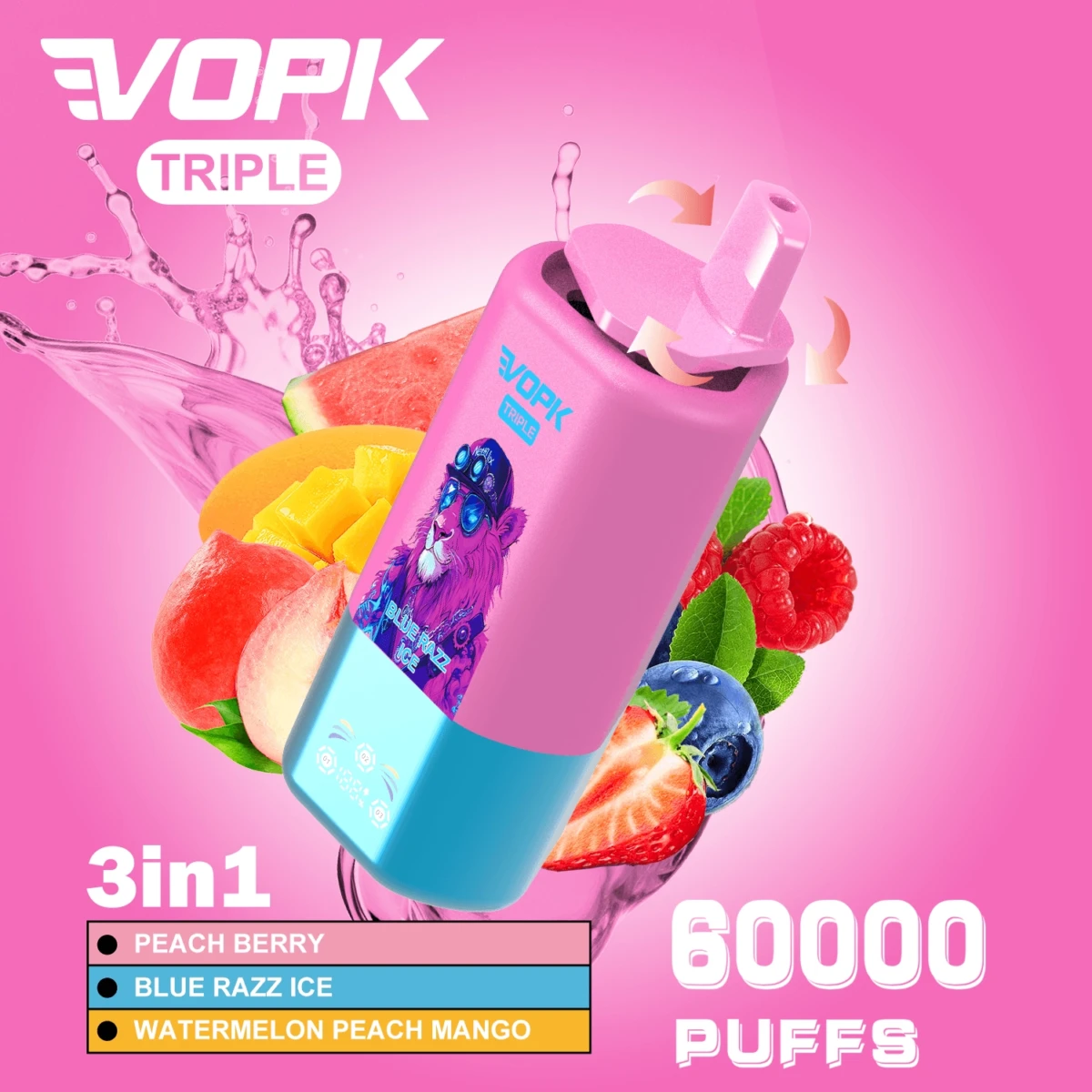VOPK TRIPLE 60000 Puffs Disposable Vape, 3-in-1 Switch: Peach Berry Blue Razz Ice Watermelon Peach Mango, Bulk Wholesale Vape