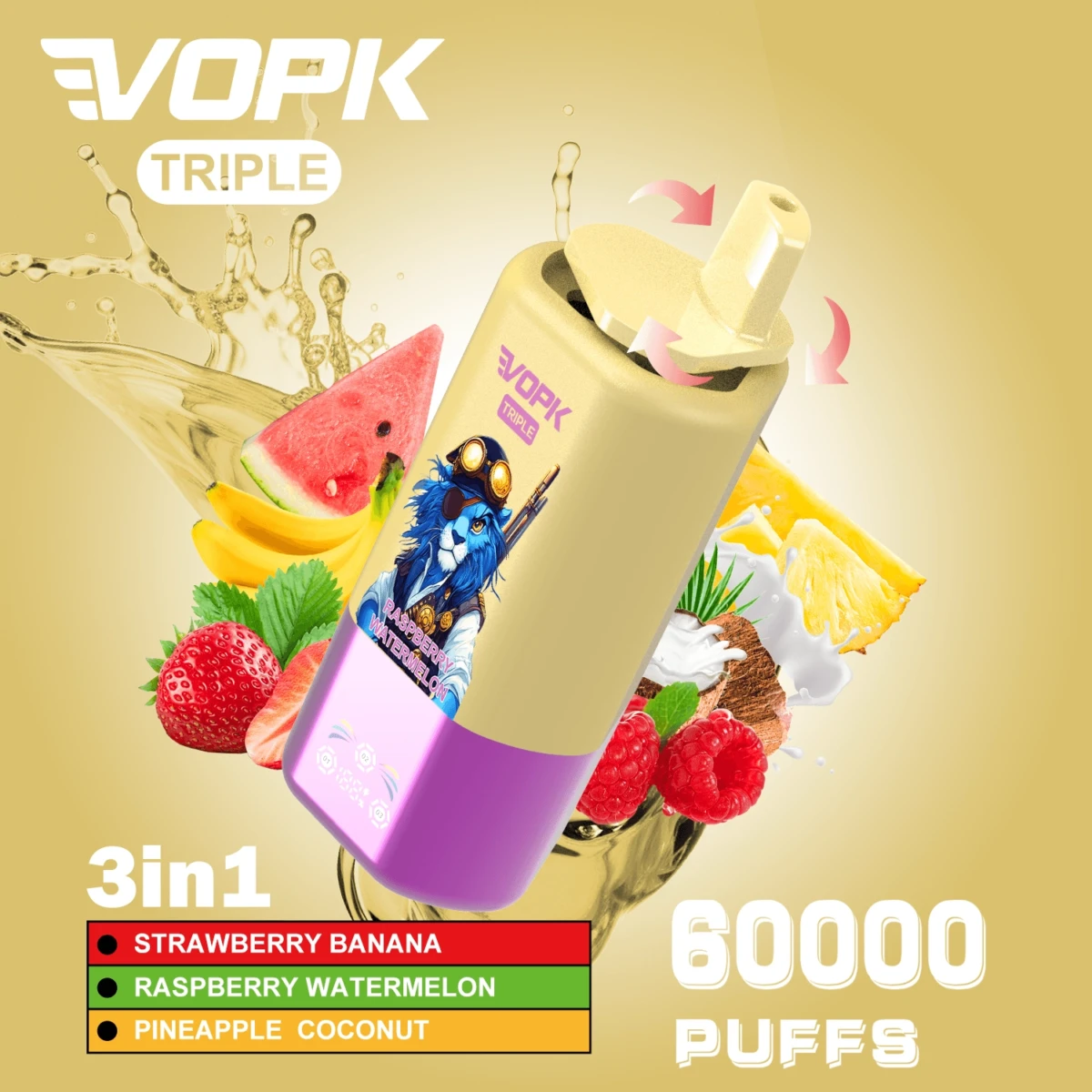 VOPK TRIPLE 60000 Puffs Disposable Vape, 3-in-1 Switch: Strawberry Banana Raspberry Watermelon Pineapple Coconut, Bulk Vape Wholesale