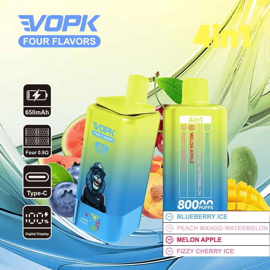 VOPK 80K 4in1 8000 Puffs Disposable Vape - Blueberry Ice, Peach Mango Watermelon, Melon Apple, Fizzy Cherry Ice Flavors, 2% 5% Nicotine Rechargeable E-Cigarette