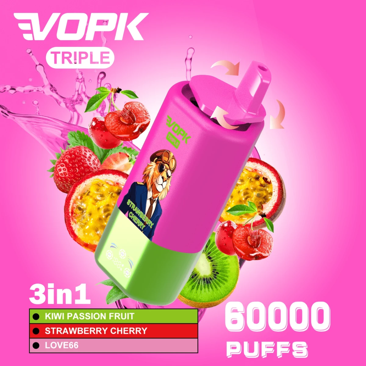 VOPK TRIPLE 60000 Puffs Disposable Vape, 3-in-1 Switch: Kiwi Passion Fruit Strawberry Cherry LOVE66, Bulk Vape Wholesale