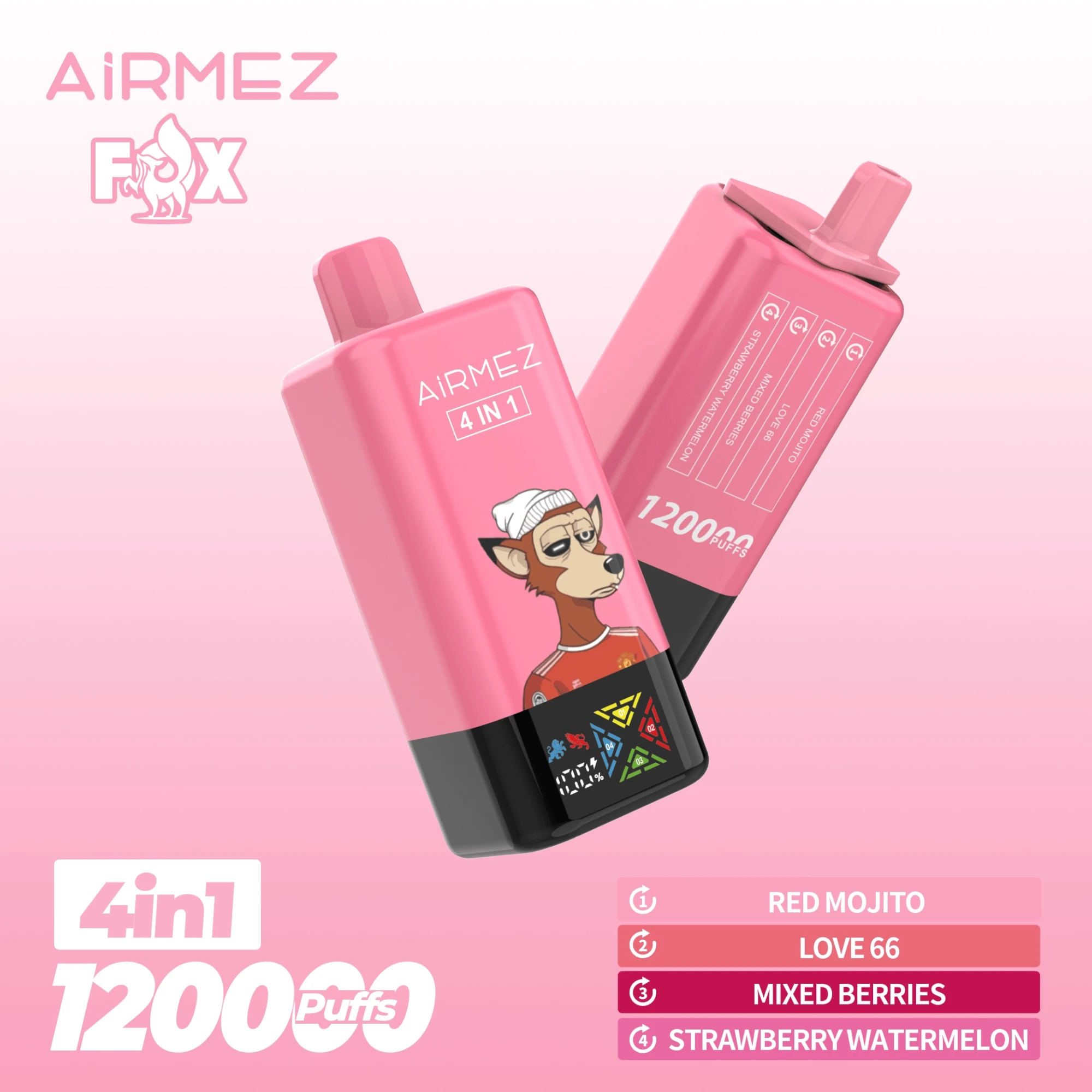 AIRMEZ FOX 4-in-1 12000 Disposable Vape, Red Mojito Love 66 Mixed Berries Strawberry Watermelon, 12000 Puffs, Fox Design, Bulk E-Cig