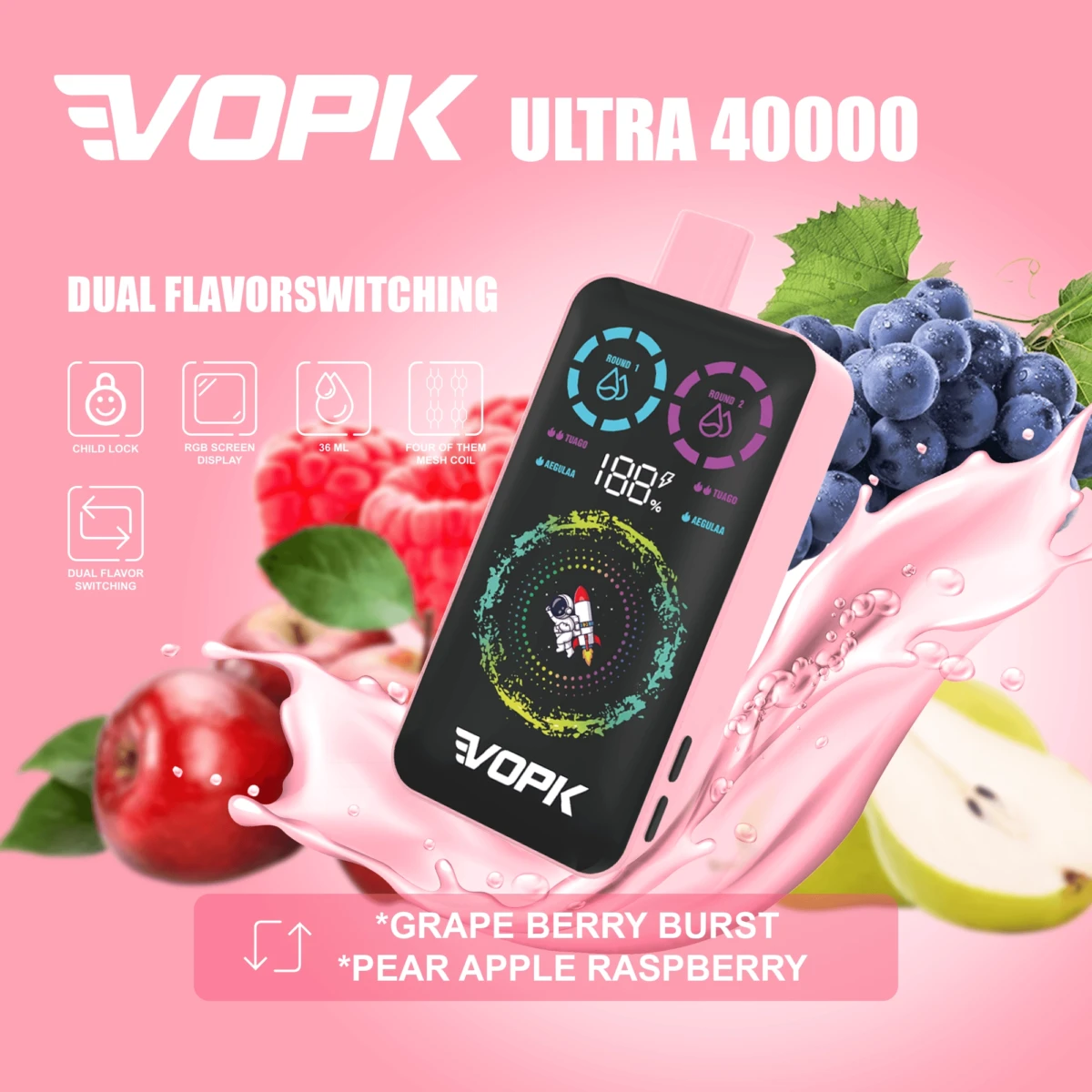 VOPK ULTRA 40000 Puffs Disposable Vape, Dual Flavor: Grape Berry Burst Pear Apple Raspberry, RGB Screen Child Lock, Bulk Vape