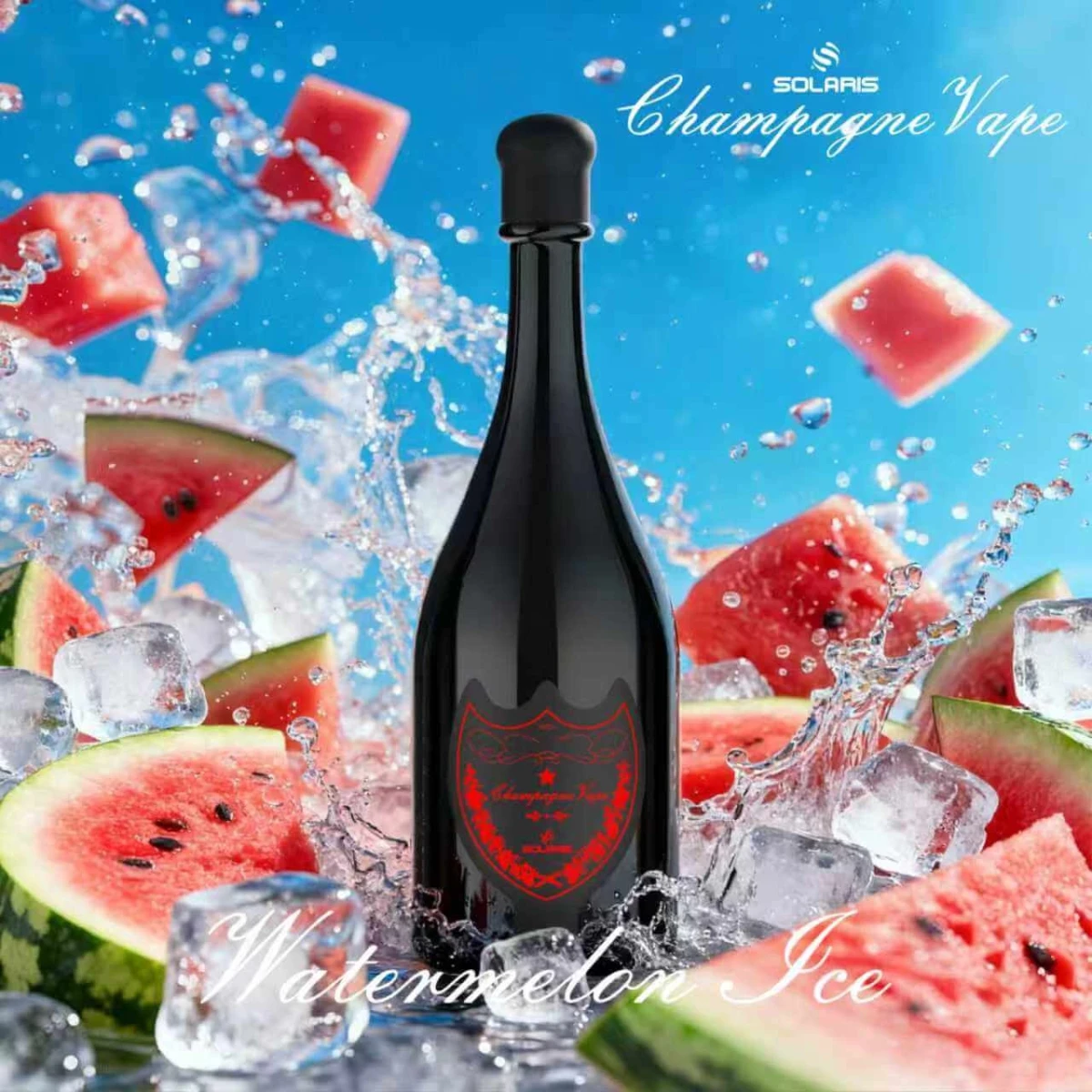 SOLARIS Champagne Vape Watermelon Ice disposable vape, black champagne bottle design with red logo, surrounded by fresh watermelon slices, ice cubes, and water splash on blue background.