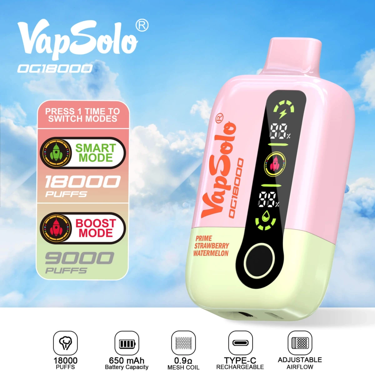 Pink-green VapSolo OG18000 disposable vape with Prime Strawberry Watermelon flavor, featuring dual Smart/Boost modes, dual digital battery/e-liquid displays, 0.9Ω mesh coil, and Type-C rechargeable port.