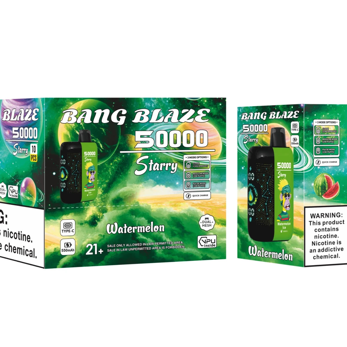 Bang Blaze 50000 Starry Watermelon disposable vape, 550mAh Type-C rechargeable, dual mesh coil