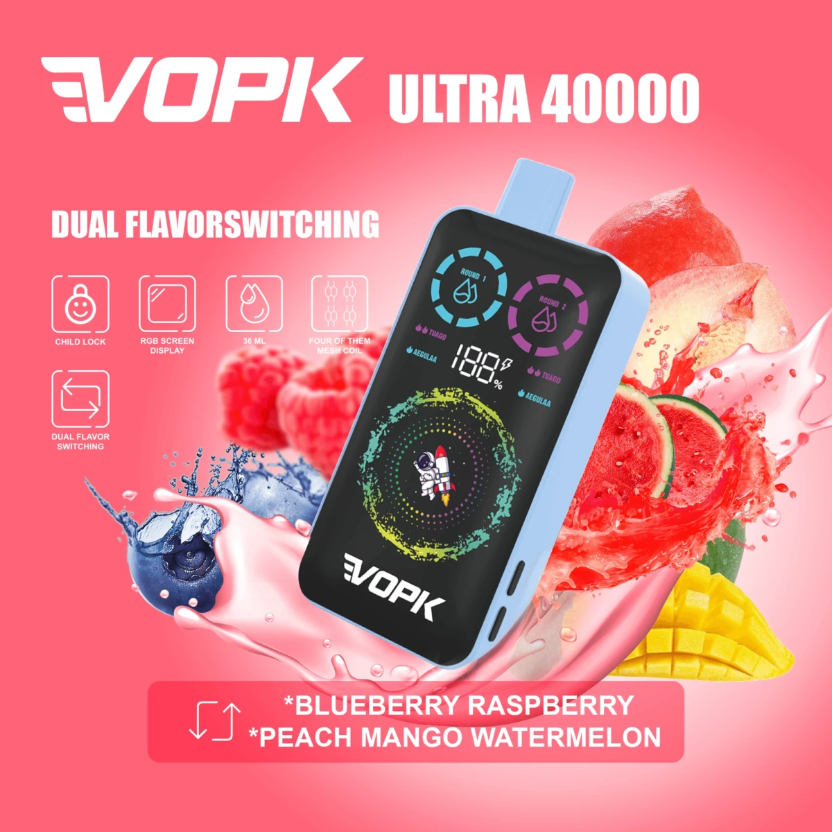VOPK ULTRA 40000 Puffs Disposable Vape, Dual Flavor: Blueberry Raspberry Peach Mango Watermelon, RGB Screen Bulk E-Cig