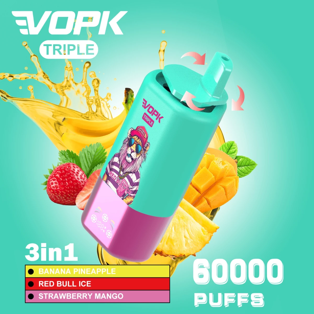 VOPK TRIPLE 60000 Puffs Disposable Vape, 3-in-1 Switch: Banana Pineapple Red Bull Ice Strawberry Mango, Bulk Wholesale E-Cig
