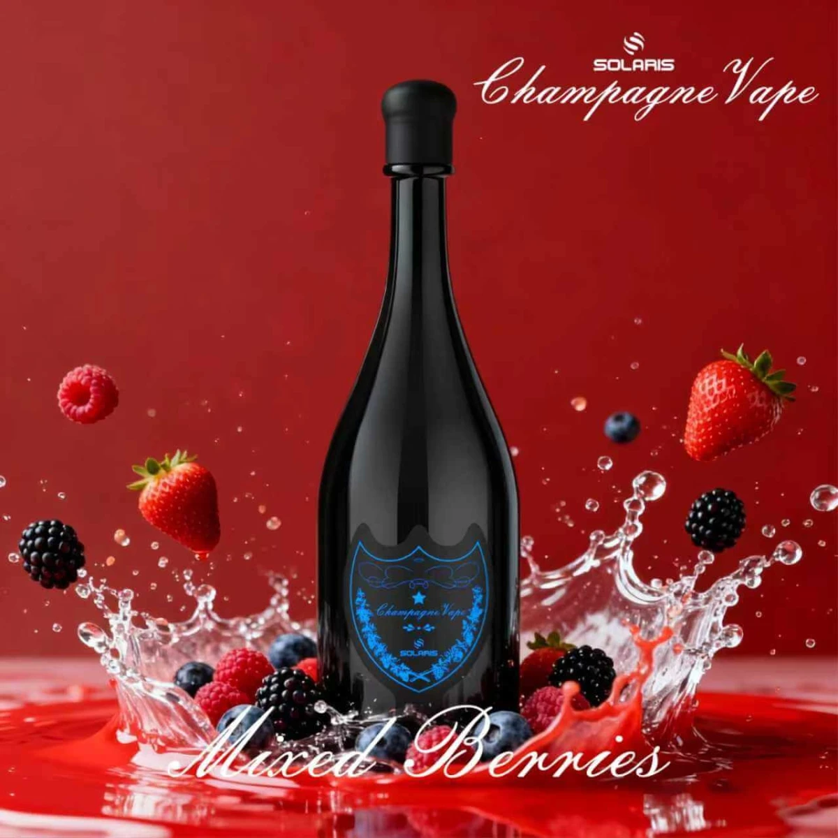 SOLARIS Champagne Vape Mixed Berries disposable vape, black champagne bottle with blue logo, surrounded by fresh strawberries, raspberries, blueberries, and blackberries on red background with water splash.