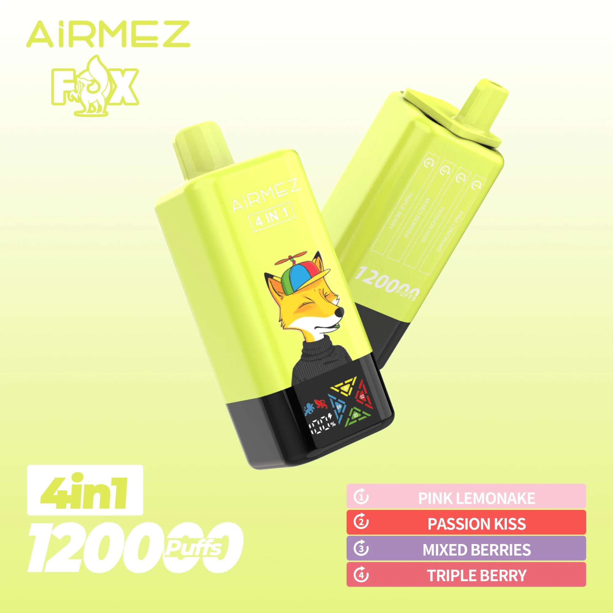 AIRMEZ FOX 4-in-1 12000 Disposable Vape, Pink Lemonade Passion Kiss Mixed Berries Triple Berry, 12000 Puffs, Fox Design, Bulk Vape