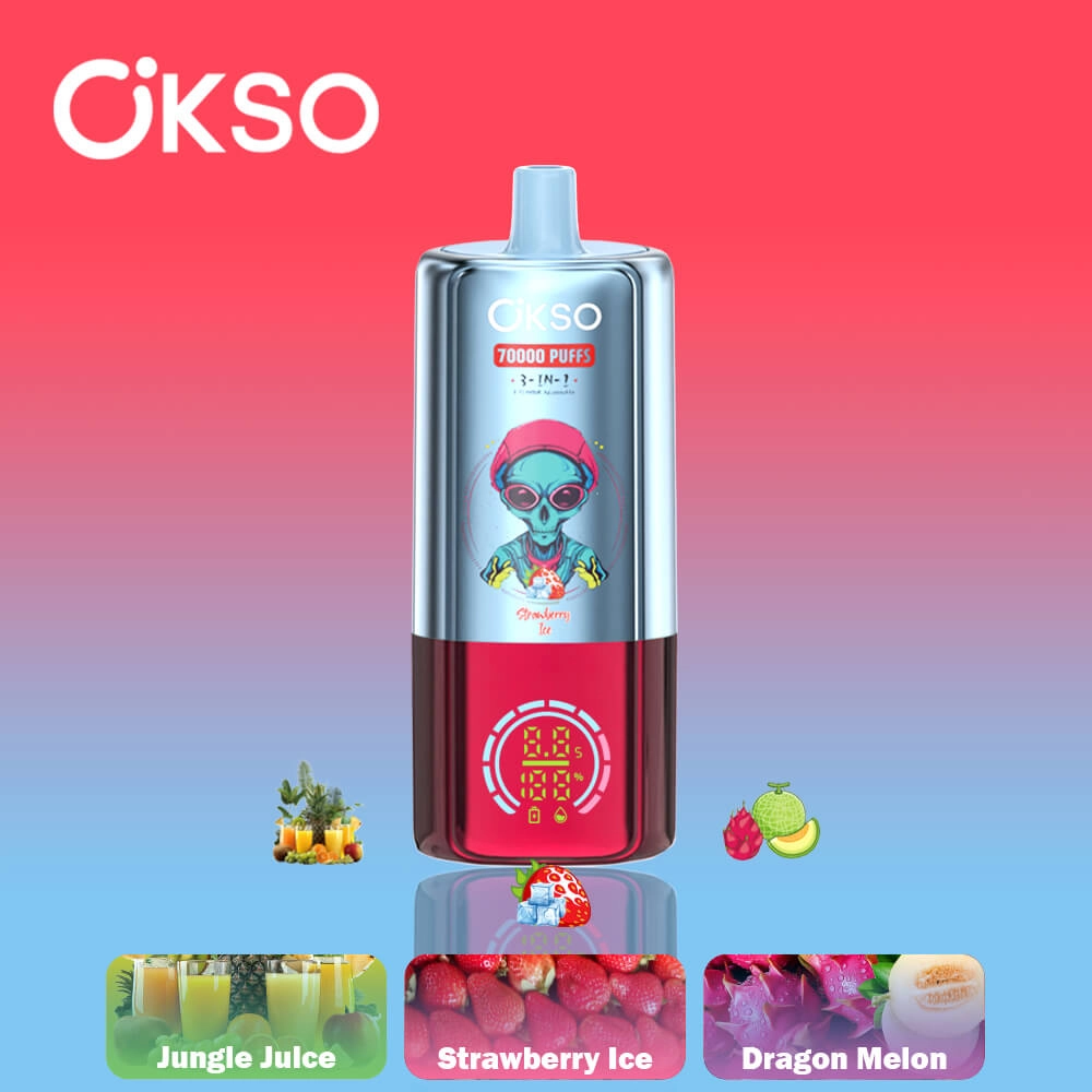 Okso 70000 puffs 3 in 1 disposable vape with jungle juice, strawberry ice, dragon melon flavors, silver and burgundy design with digital screen