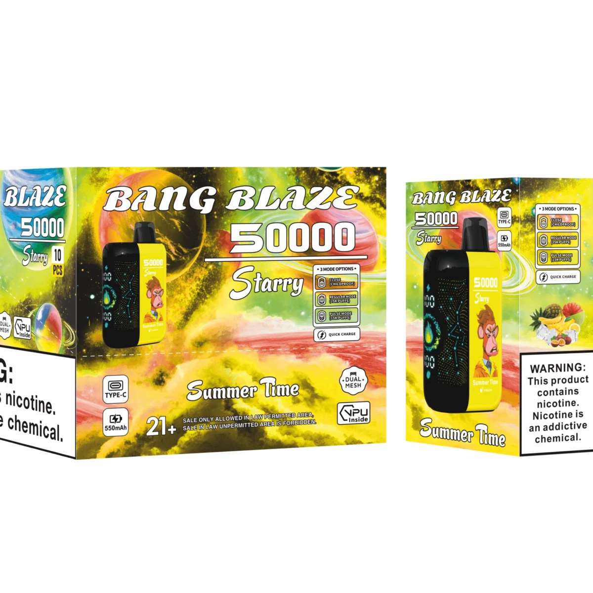 Bang Blaze 50000 Starry Summer Time disposable vape, 550mAh Type-C rechargeable, dual mesh coil, 50000 puffs, 10pcs pack