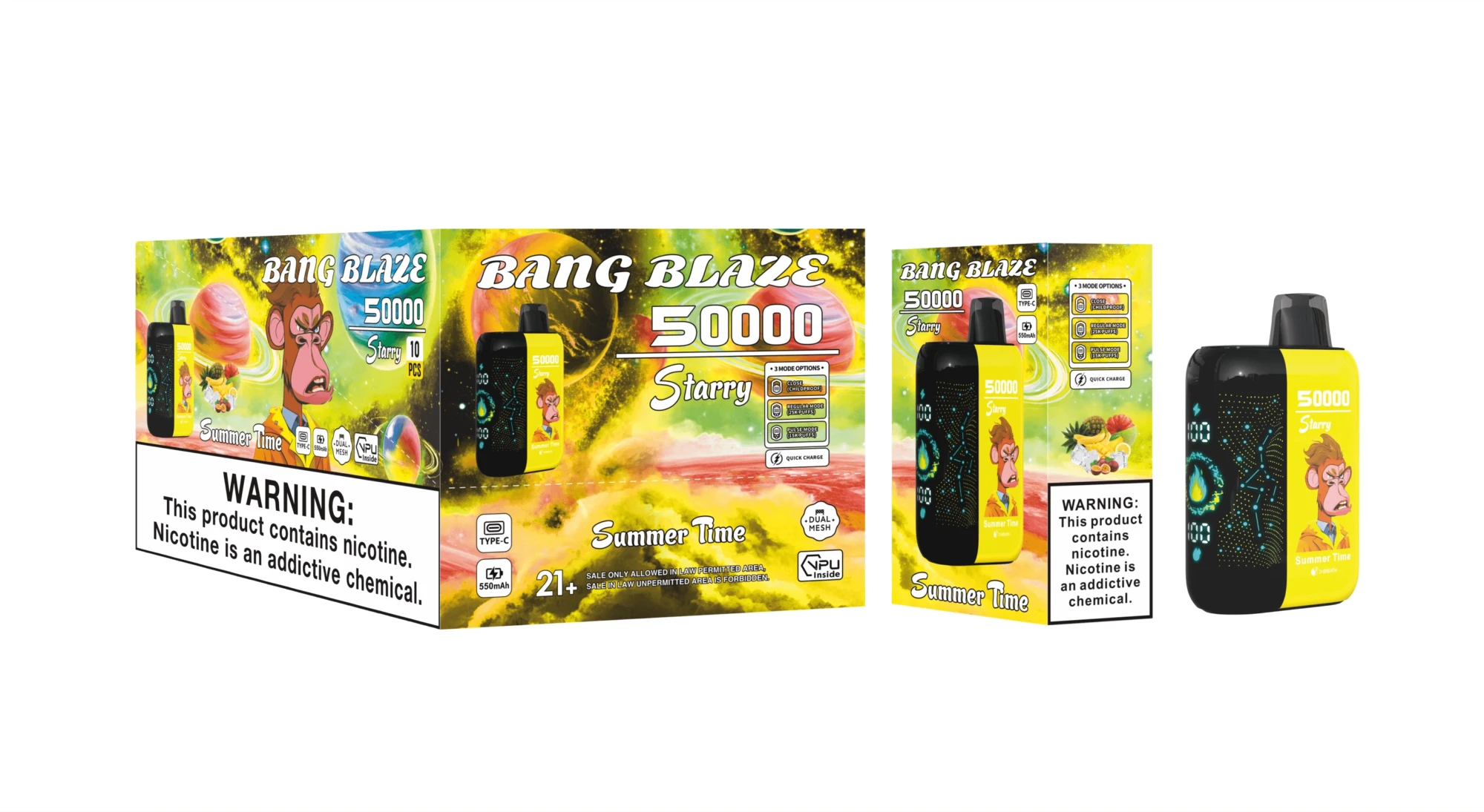 Bang Blaze 50000 Starry Summer Time disposable vape, 550mAh Type-C rechargeable, dual mesh coil, 50000 puffs, 10pcs pack