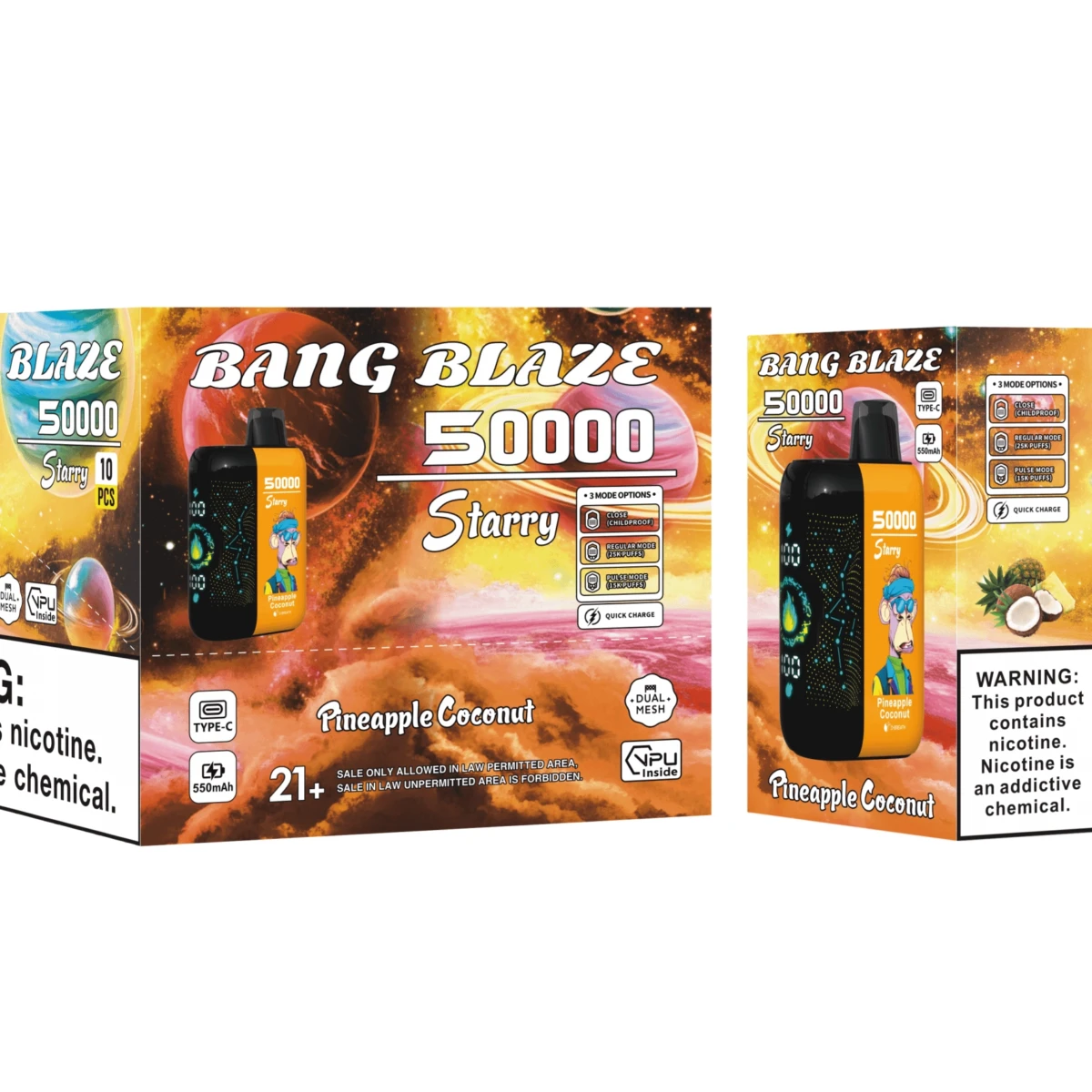Bang Blaze 50000 Starry Pineapple Coconut disposable vape, 50000 puffs, dual mesh coil, Type-C rechargeable, wholesale
