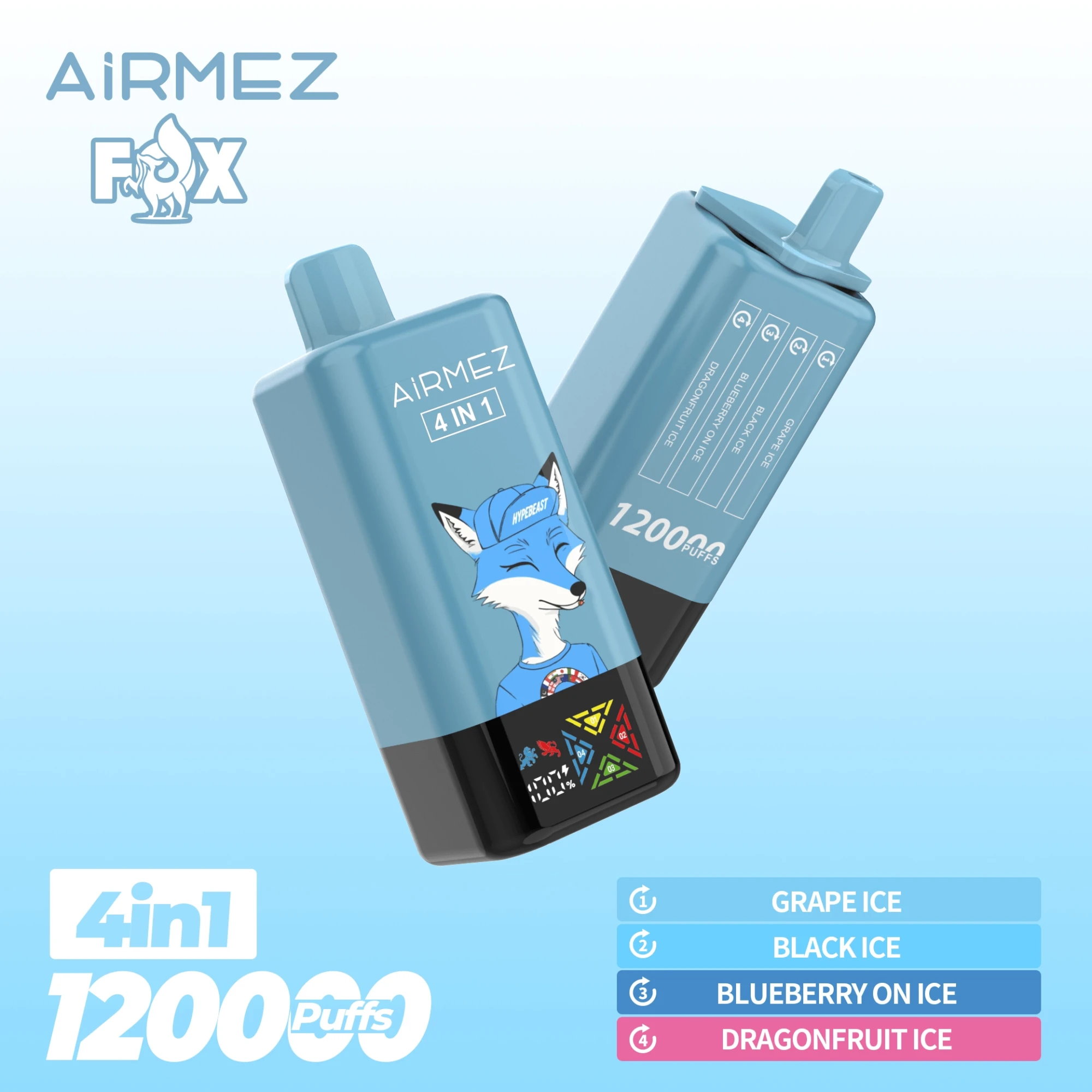 AIRMEZ FOX 4-in-1 12000 Disposable Vape, Grape Ice Black Ice Blueberry On Ice Dragonfruit Ice, 12000 Puffs, Fox Design, Bulk Vape