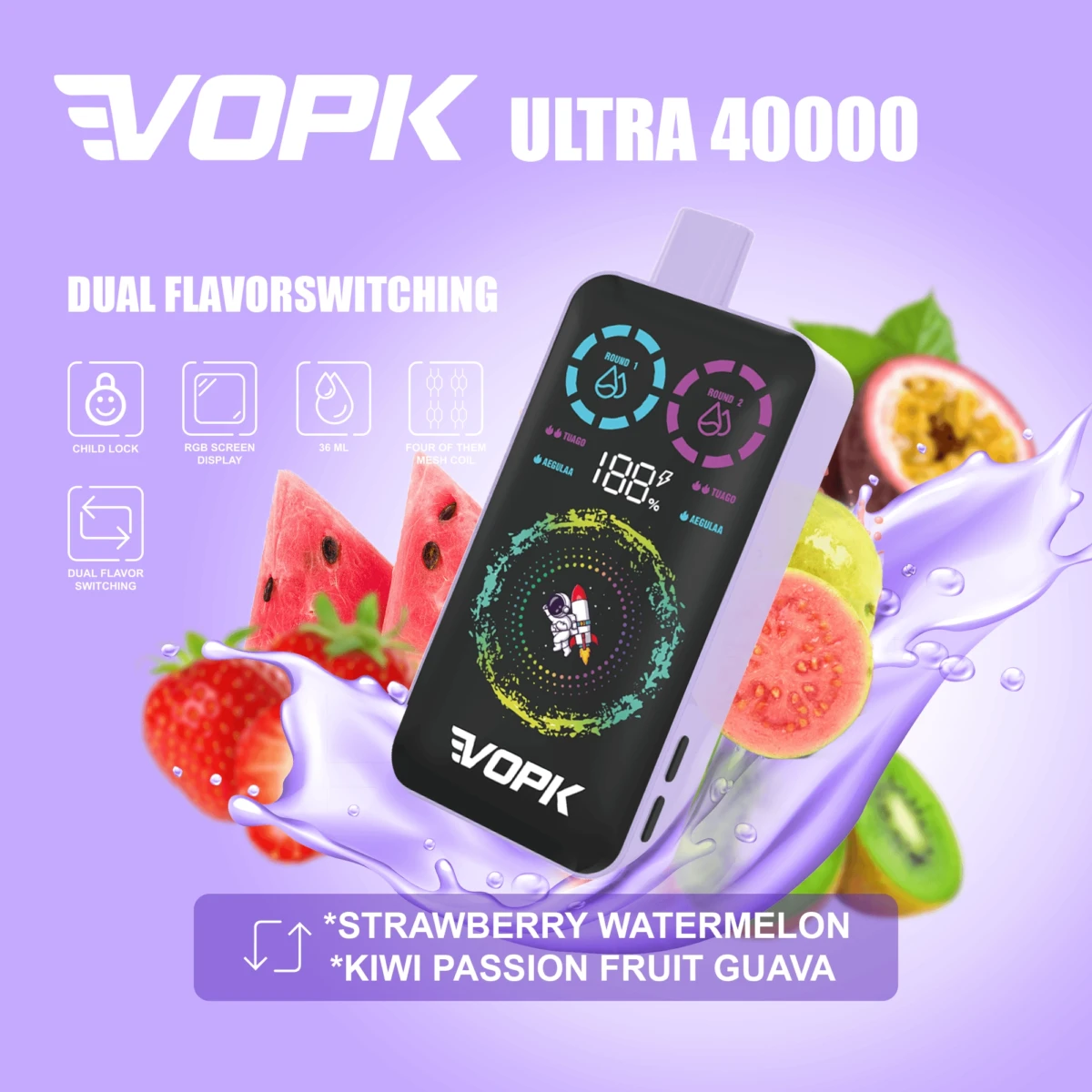 VOPK ULTRA 40000 Puffs Disposable Vape, Dual Flavor: Strawberry Watermelon Kiwi Passion Fruit Guava, RGB Screen Bulk Wholesale