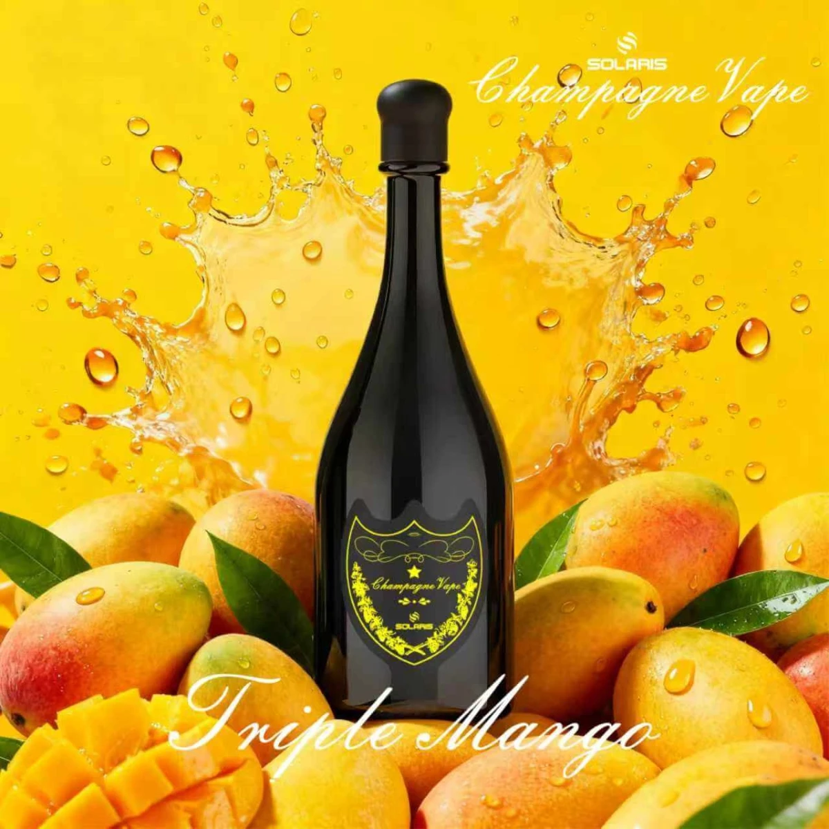 SOLARIS Champagne Vape Triple Mango disposable vape, black champagne bottle with yellow logo, surrounded by fresh ripe mangoes and mango juice splash on bright yellow background.