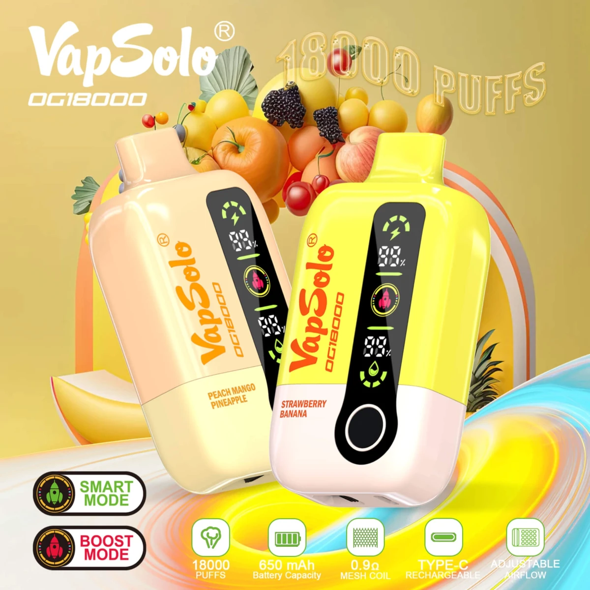 VapSolo OG18000 disposable vapes in peach (Peach Mango Pineapple) and yellow (Strawberry Banana) colors, surrounded by fresh tropical fruits, showcasing dual Smart/Boost modes and digital displays.
