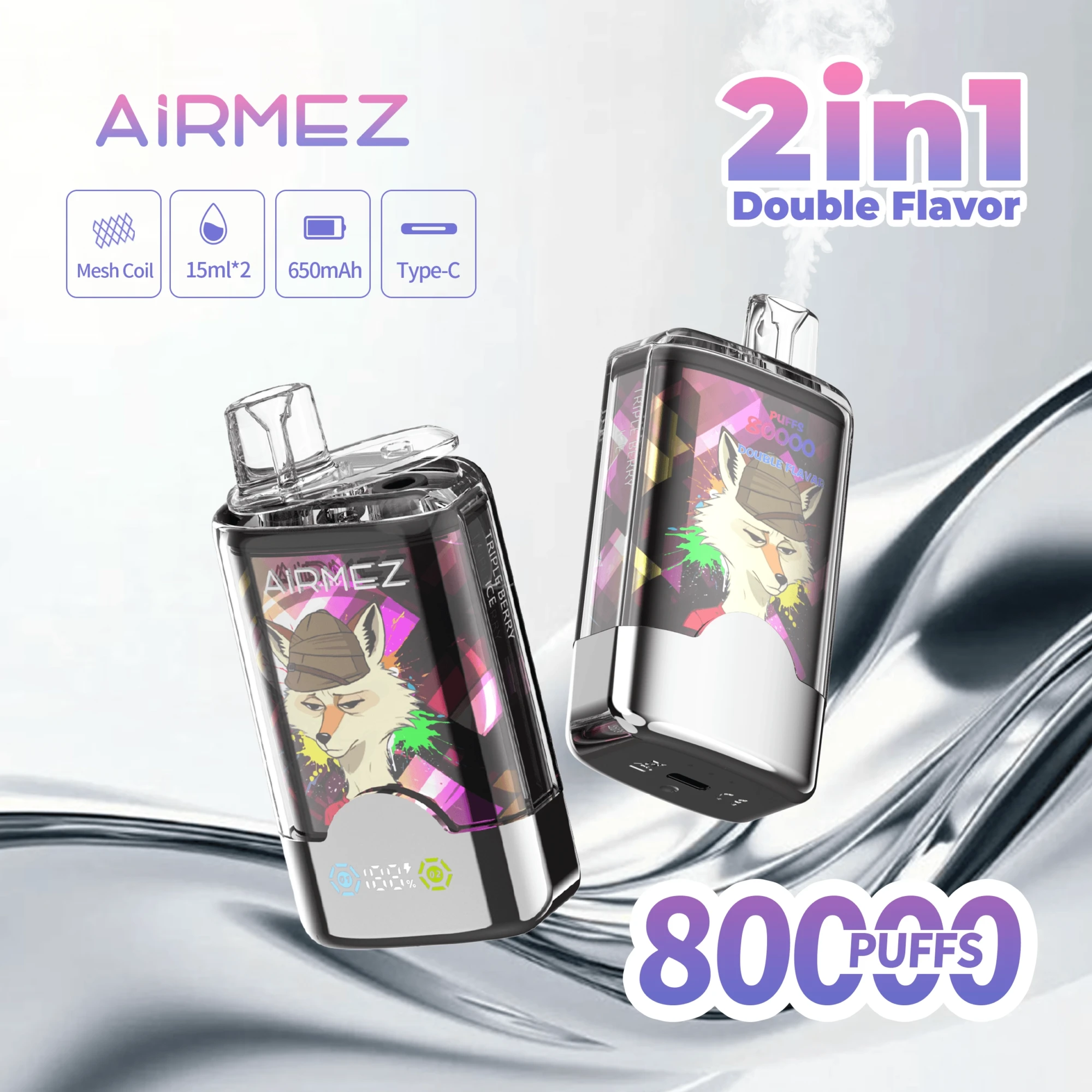 Airmez fox 2 in 1 80000 puffs disposable vape, dual flavor mesh coil Type-C rechargeable bulk vape