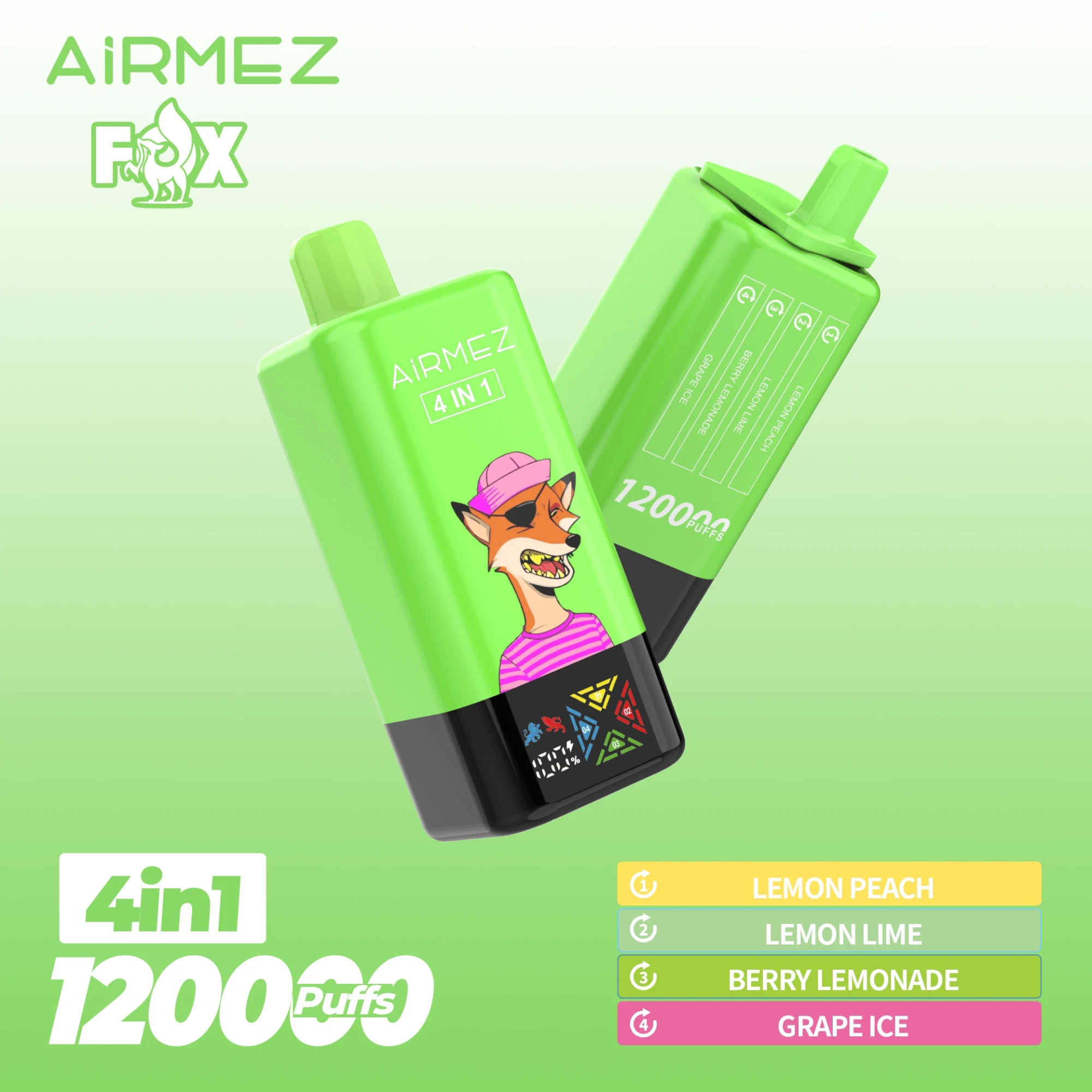 AIRMEZ FOX 4-in-1 12000 Disposable Vape, Lemon Peach Lemon Lime Berry Lemonade Grape Ice, 12000 Puffs, Fox Design, Bulk E-Cig