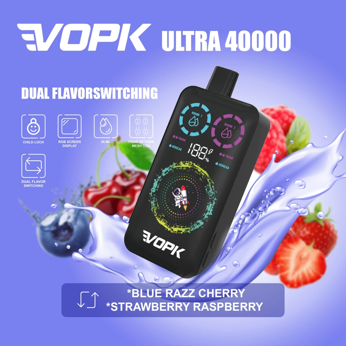 VOPK ULTRA 40000 Puffs Disposable Vape, Dual Flavor: Blue Razz Cherry Strawberry Raspberry, RGB Screen Child Lock, Bulk E-Cig
