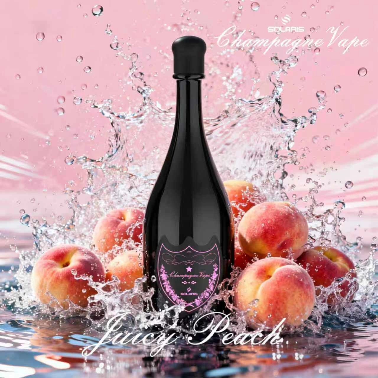 SOLARIS Champagne Vape Juicy Peach disposable vape, black champagne bottle with pink logo, surrounded by fresh peaches and water splash on pink background.