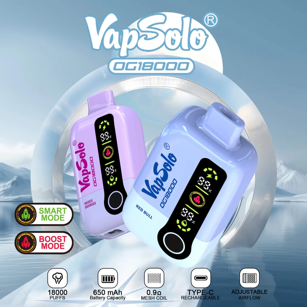 Purple (Mixed Berries) and light blue (Red Bull) VapSolo OG18000 disposable vapes, featuring dual Smart/Boost modes, digital displays, and 0.9Ω mesh coil technology