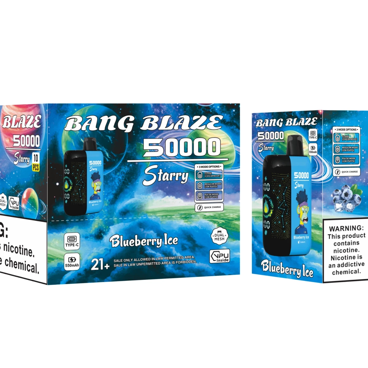 Bang Blaze 50000 Starry Blueberry Ice vape, 3 modes, dual mesh coil