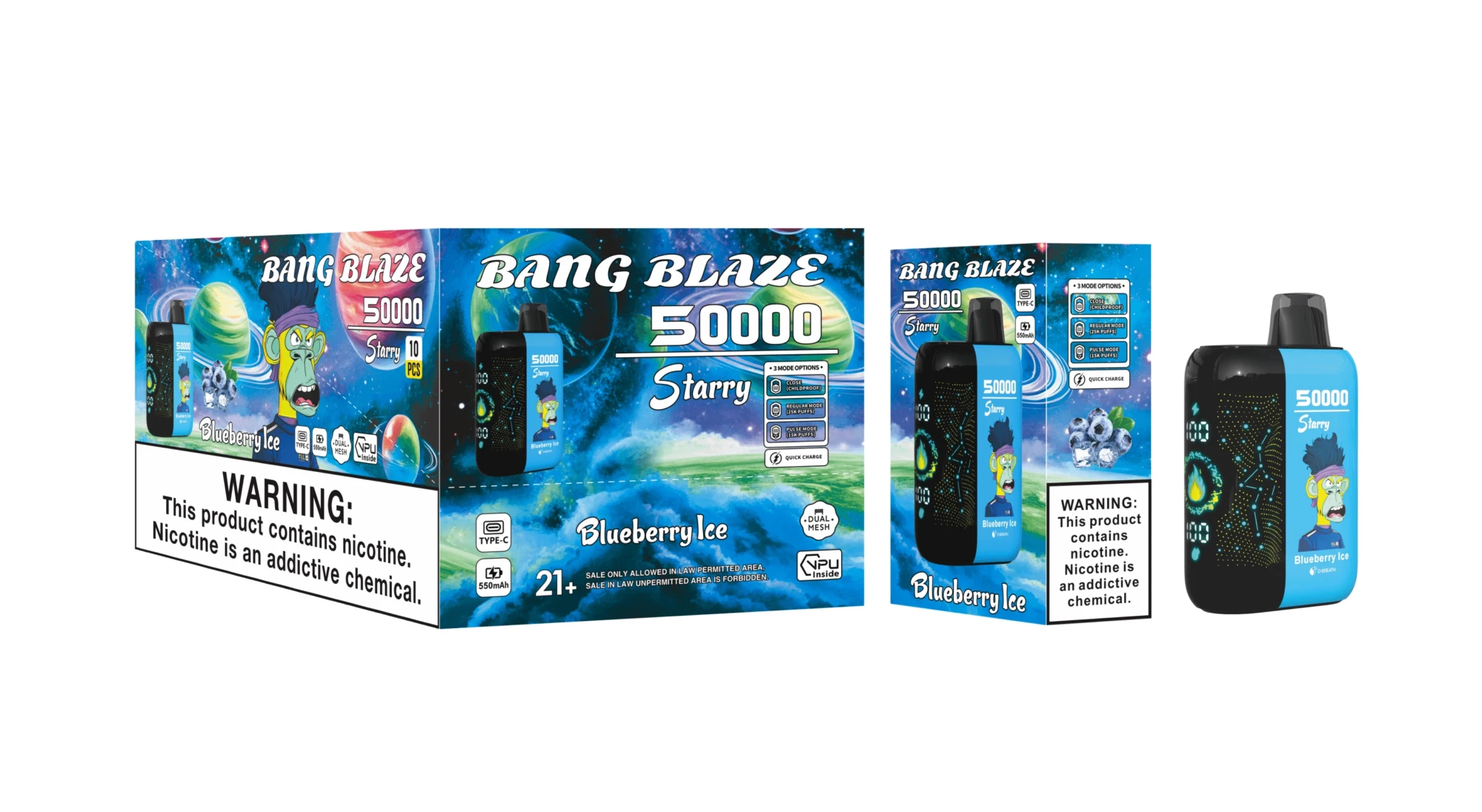 Bang Blaze 50000 Starry Blueberry Ice vape, 3 modes, dual mesh coil