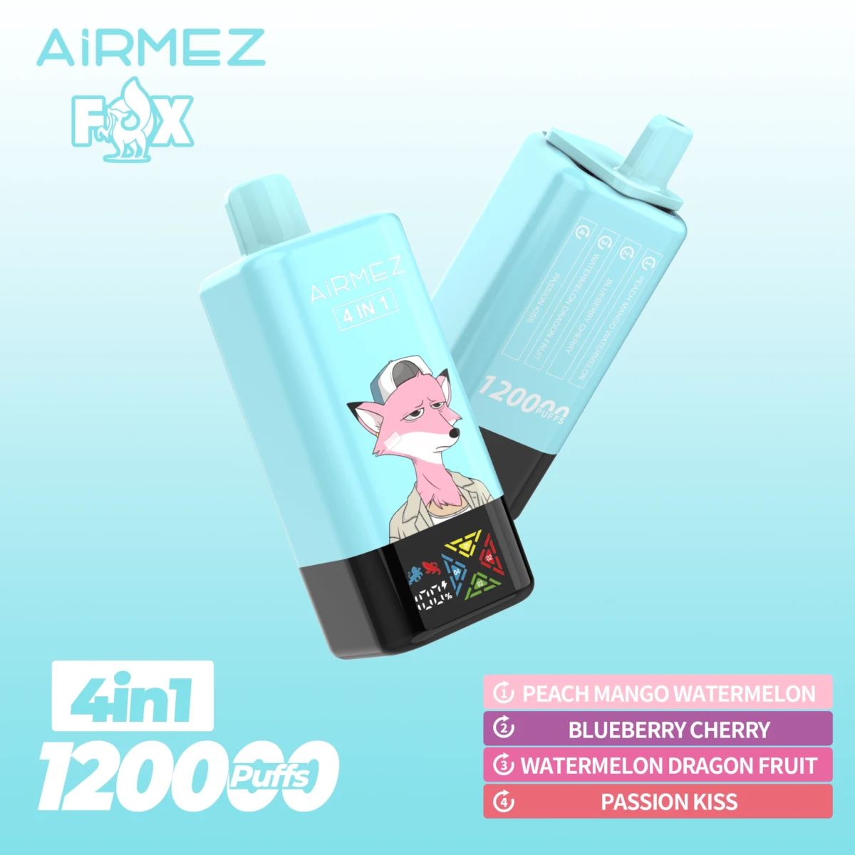 AIRMEZ FOX 4-in-1 12000 Disposable Vape, Peach Mango Watermelon Blueberry Cherry Watermelon Dragon Fruit Passion Kiss, 12000 Puffs, Fox Design, Bulk Vape