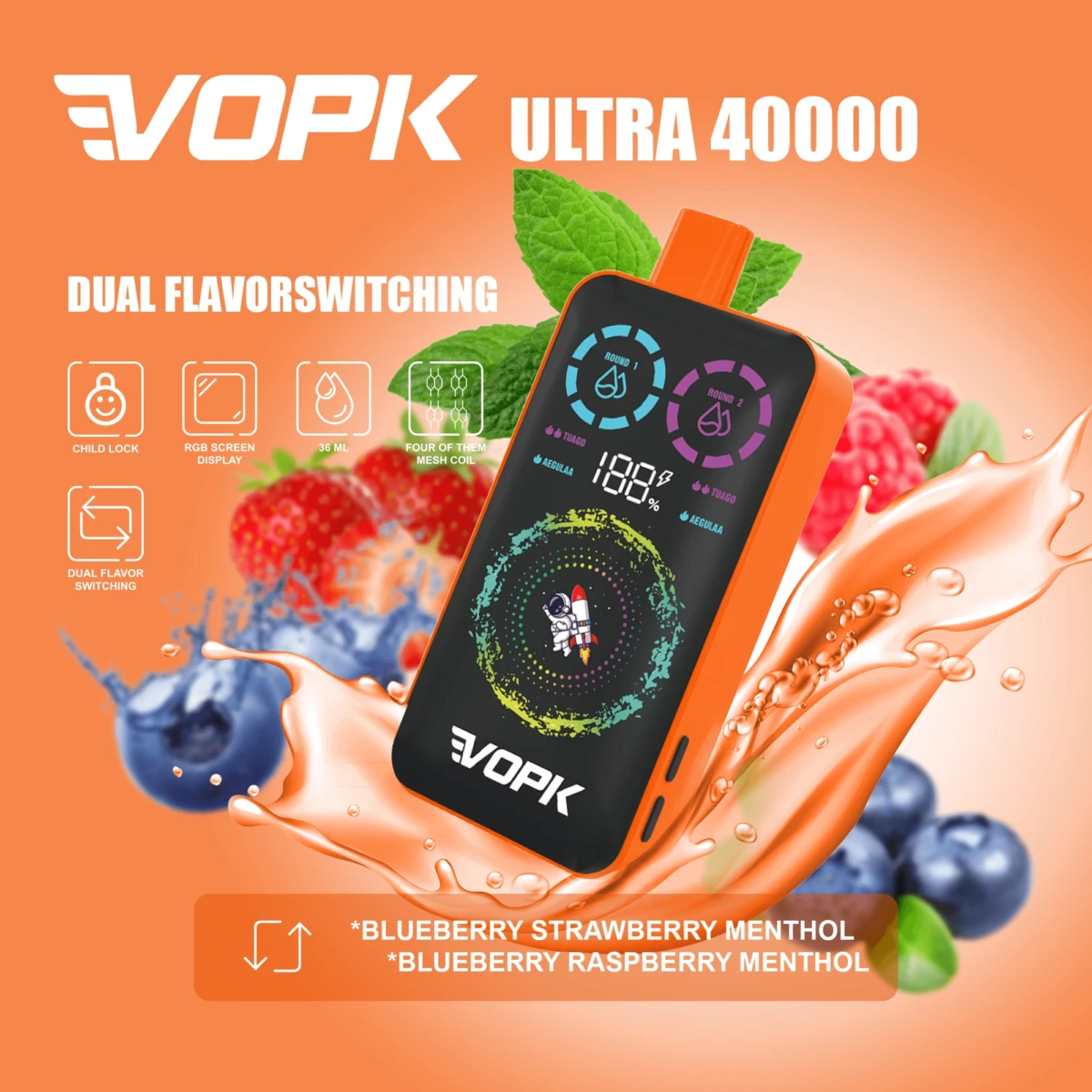 VOPK ULTRA 40000 Puffs Disposable Vape, Dual Flavor: Blueberry Strawberry Menthol Blueberry Raspberry Menthol, RGB Screen Bulk