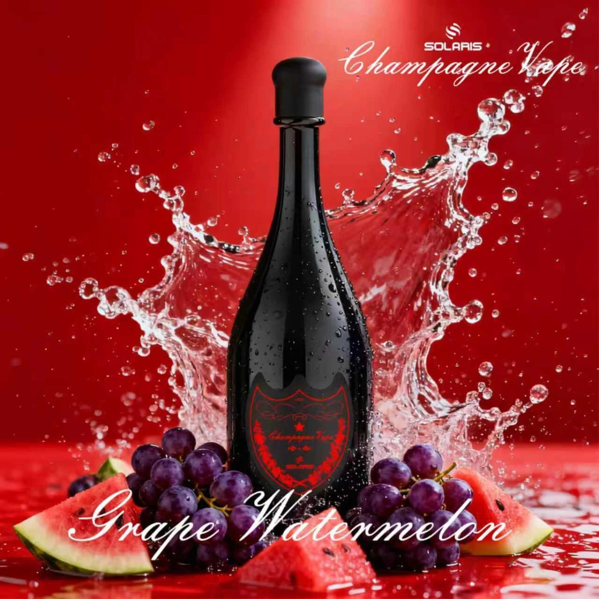 SOLARIS Champagne Vape Grape Watermelon disposable vape, black champagne bottle with red logo, surrounded by fresh grapes and watermelon slices on red background with water splash.