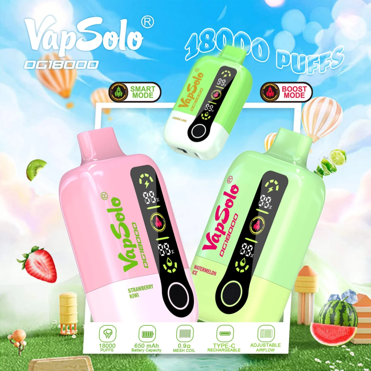 VapSolo OG18000 disposable vapes in pink (Strawberry Kiwi), green (Watermelon Ice), and white (Lemon Lime) colors, surrounded by fresh fruits, showcasing dual Smart/Boost modes.