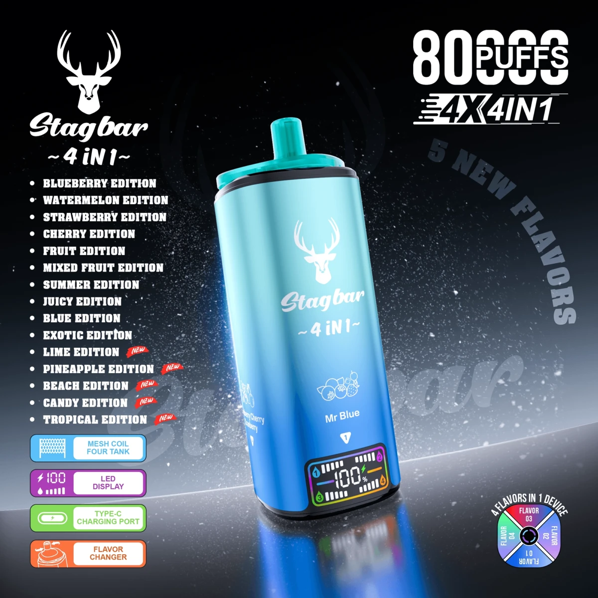 Stagbar 80000 puffs 4 in 1 disposable vape, 4 flavors in 1 device, LED display Type-C rechargeable, mesh coil, bulk wholesale disposable vape