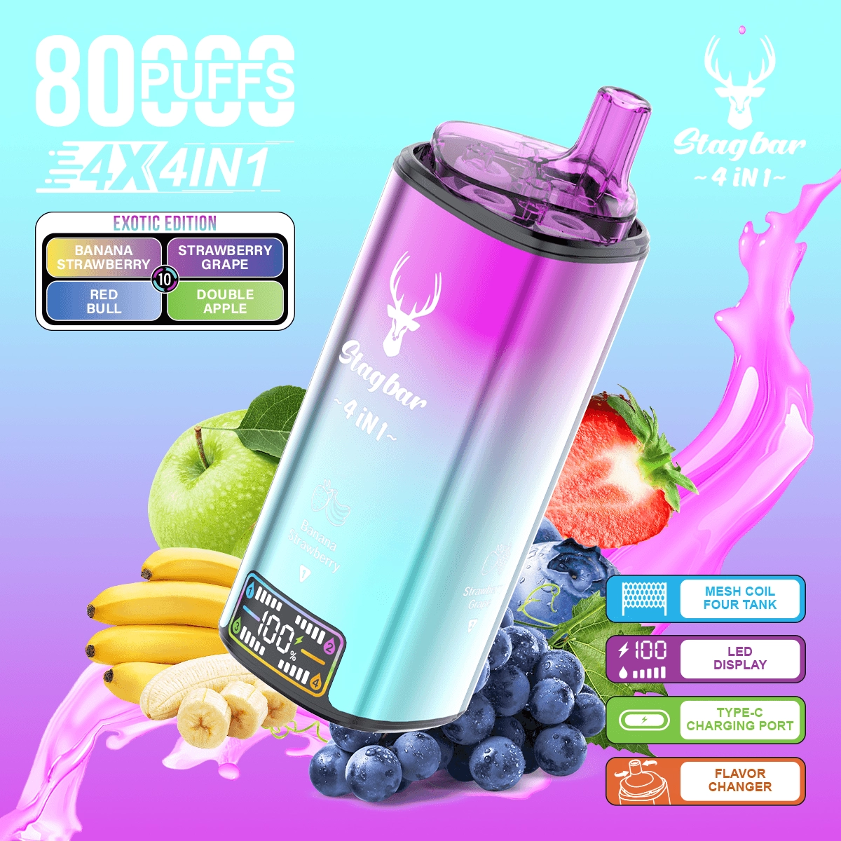 Stagbar 80000 puffs 4 in 1 exotic edition disposable vape, 4 unique flavors, LED display rechargeable bulk vape