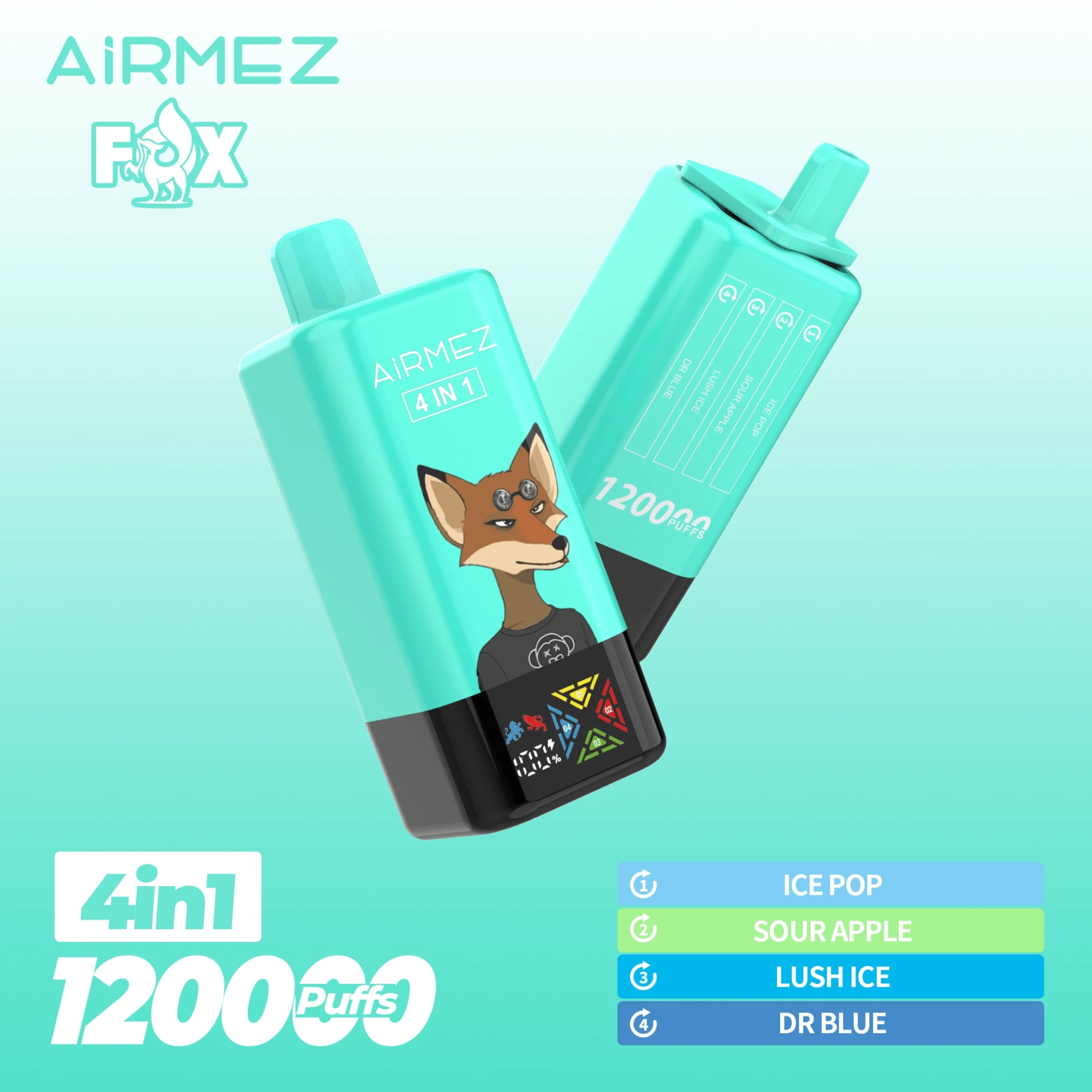 AIRMEZ FOX 4-in-1 12000 Disposable Vape, Ice Pop Sour Apple Lush Ice Dr Blue, 12000 Puffs, Fox Design, Bulk Wholesale E-Cig