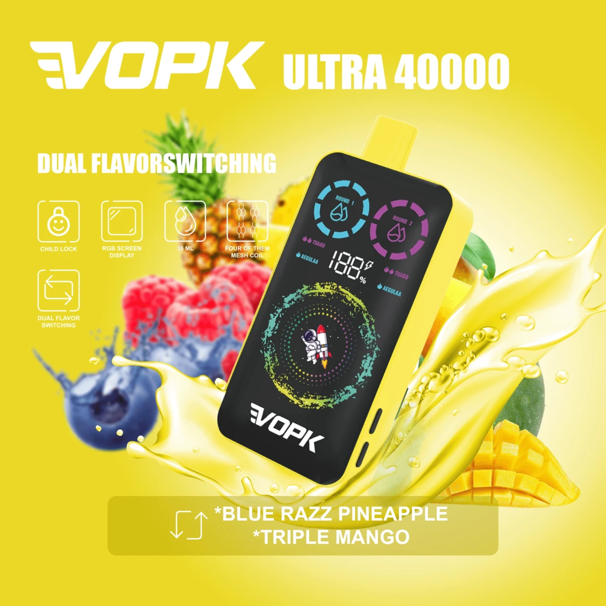 VOPK ULTRA 40000 Puffs Disposable Vape, Dual Flavor: Blue Razz Pineapple Triple Mango, RGB Screen Child Lock, Bulk Wholesale