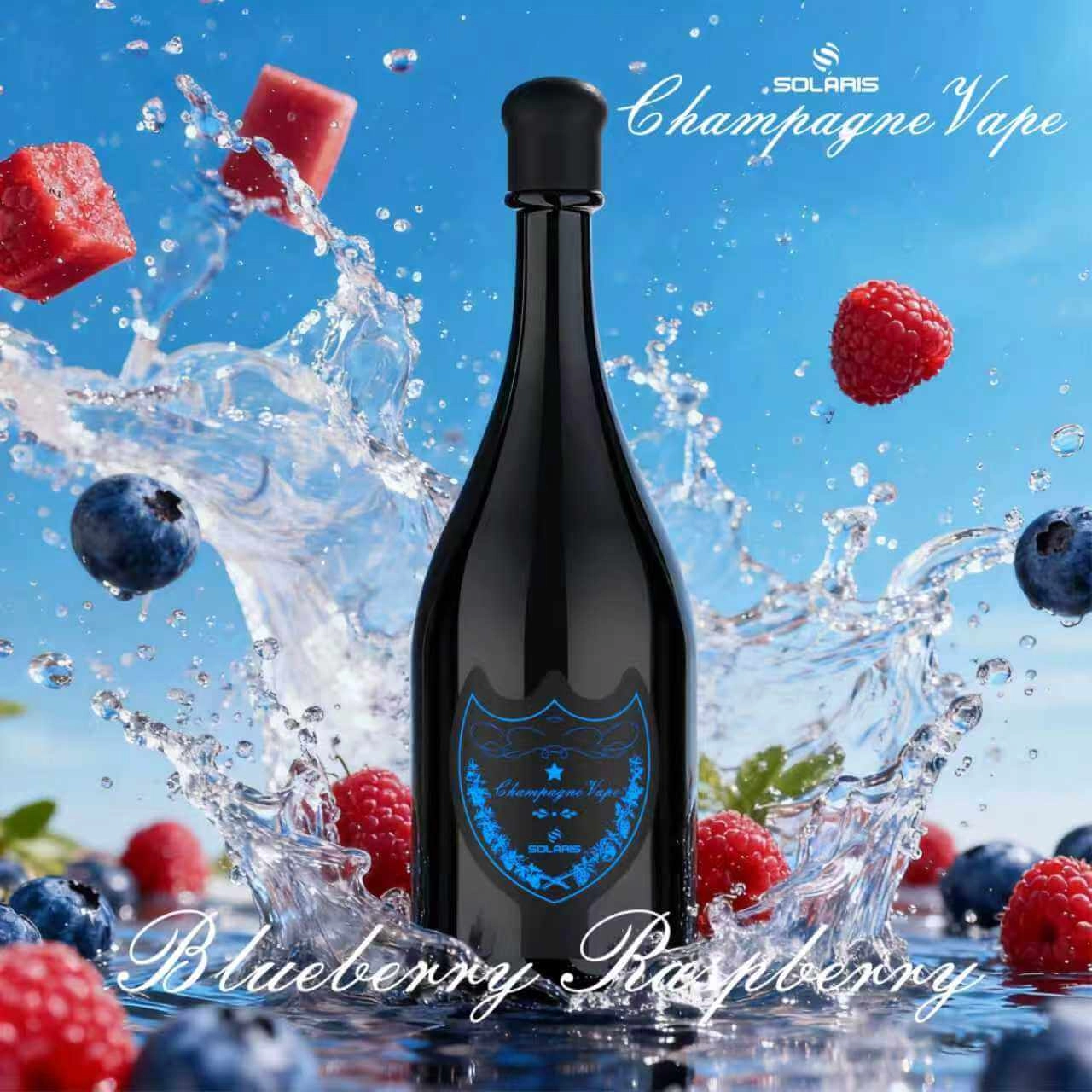 SOLARIS Champagne Vape Blueberry Raspberry disposable vape, black champagne bottle with blue logo, surrounded by fresh blueberries and raspberries with water splash on blue background.