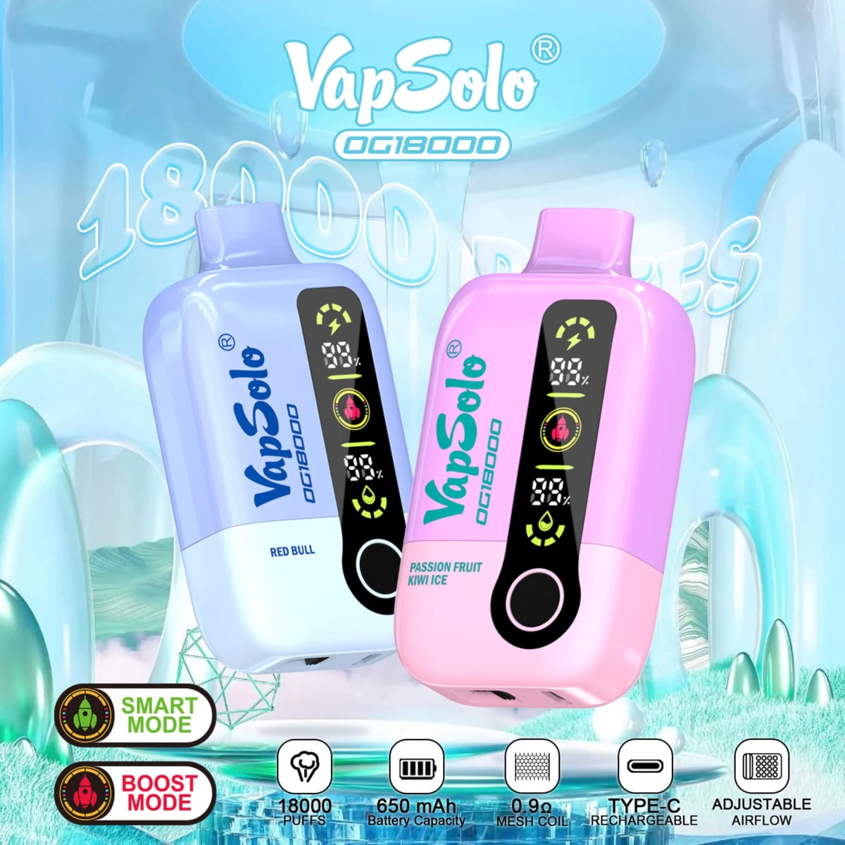 Light blue (Red Bull) and pink (Passion Fruit Kiwi Ice) VapSolo OG18000 disposable vapes, featuring dual Smart/Boost modes, digital displays, and Type-C rechargeable design.