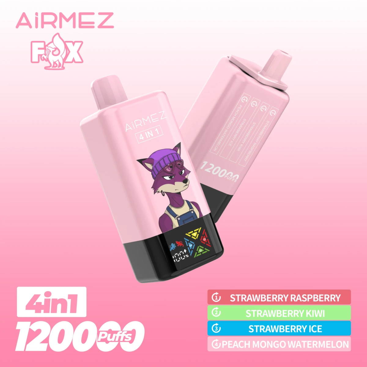 AIRMEZ FOX 4-in-1 12000 Disposable Vape, Strawberry Raspberry Strawberry Kiwi Strawberry Ice Peach Mango Watermelon, 12000 Puffs, Fox Design, Bulk Vape Wholesale