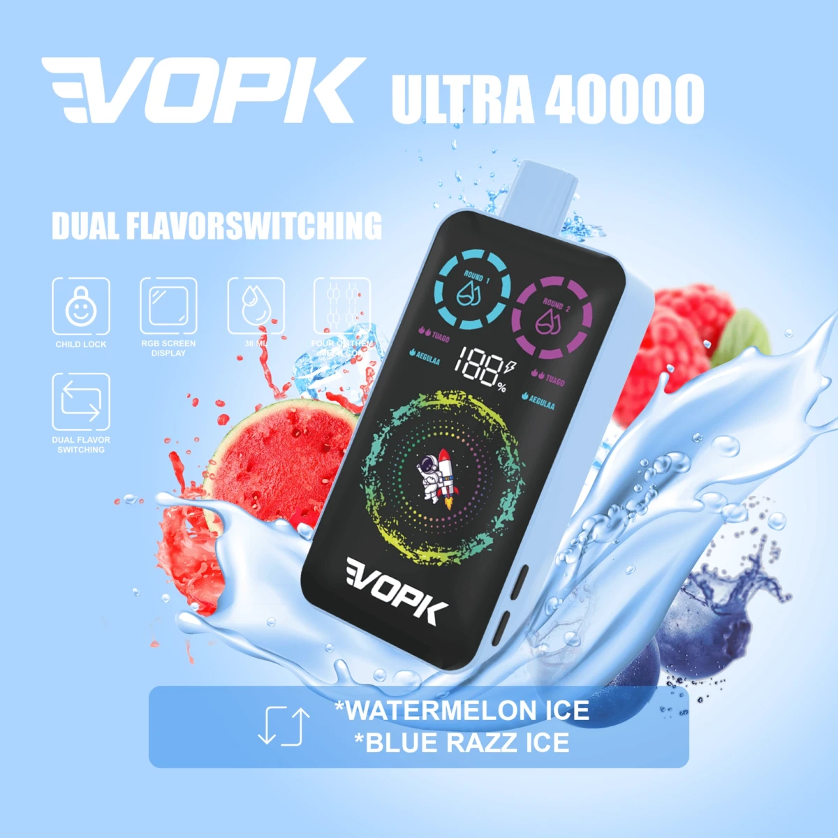 VOPK ULTRA 40000 Puffs Disposable Vape, Dual Flavor: Watermelon Ice Blue Razz Ice, RGB Screen Child Lock, Bulk E-Cig