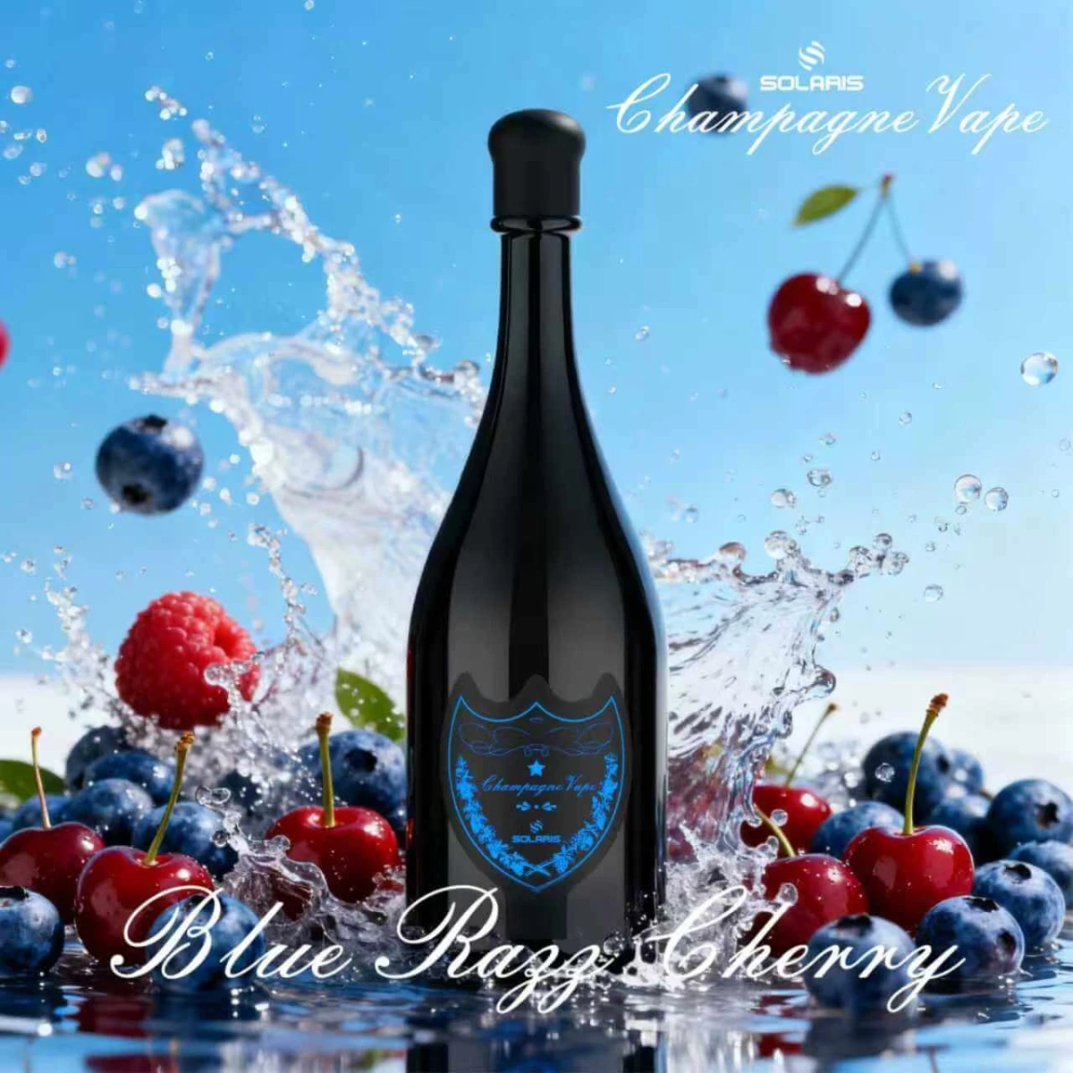 SOLARIS Champagne Vape Blue Razz Cherry disposable vape, black champagne bottle with blue logo, surrounded by fresh blueberries and cherries with water splash on blue background.