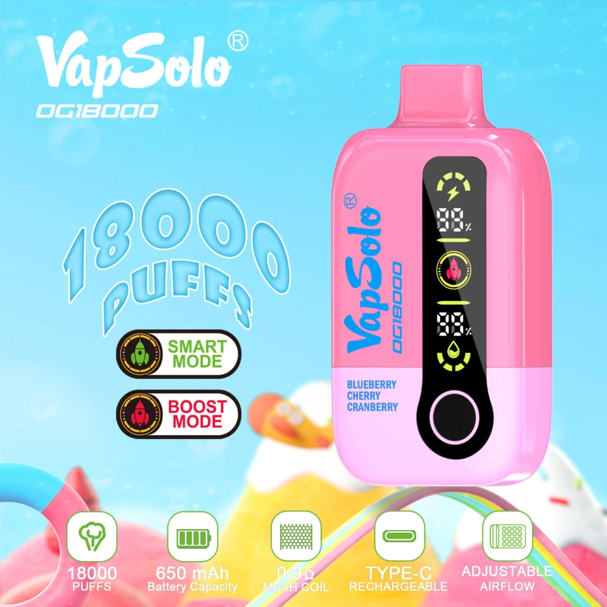 Pink VapSolo OG18000 disposable vape with Blueberry Cherry Cranberry flavor, showcasing dual Smart/Boost modes, dual digital displays, and 0.9Ω mesh coil.