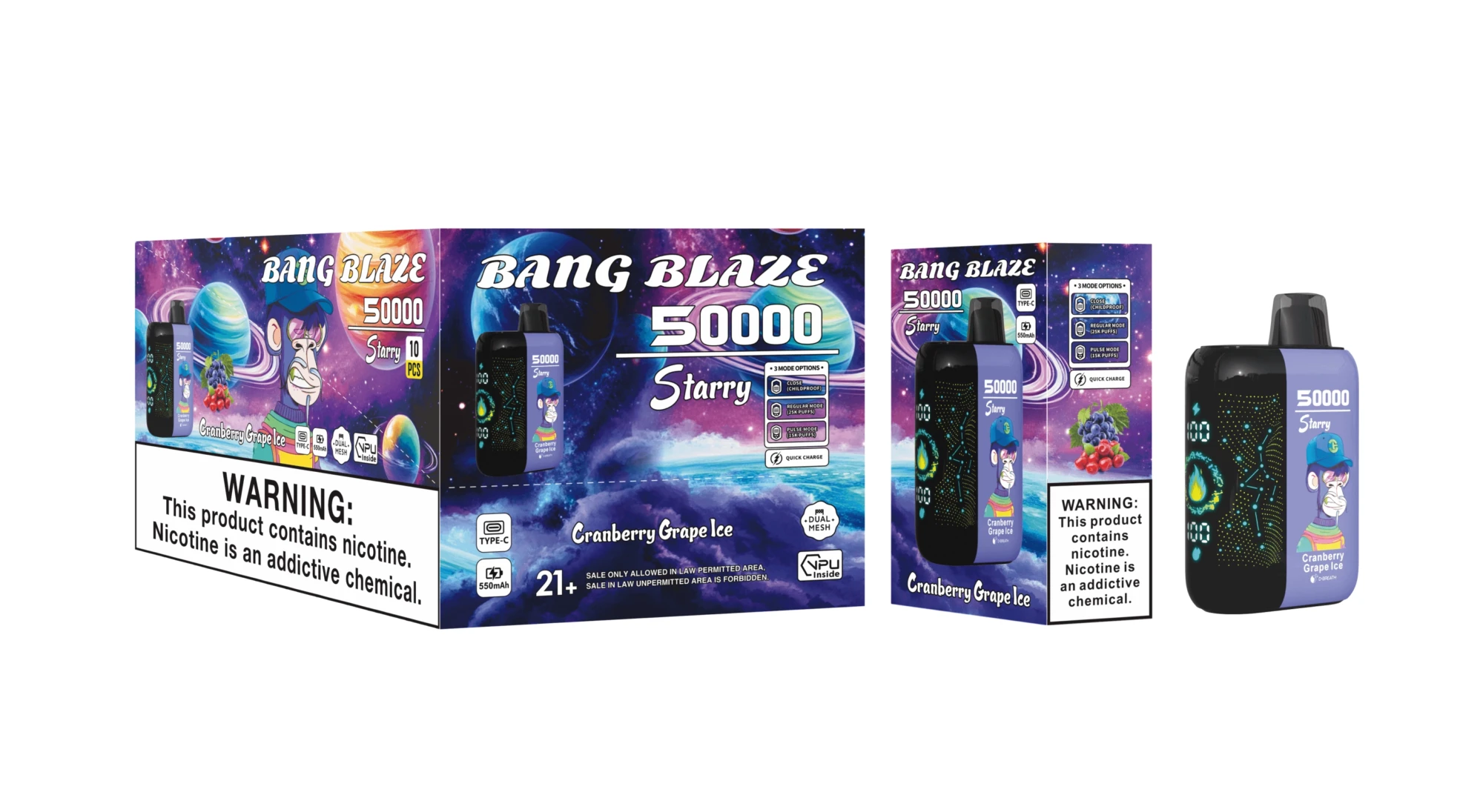 Bang Blaze 50000 Starry Cranberry Grape Ice disposable vape, dual mesh, 50k puffs