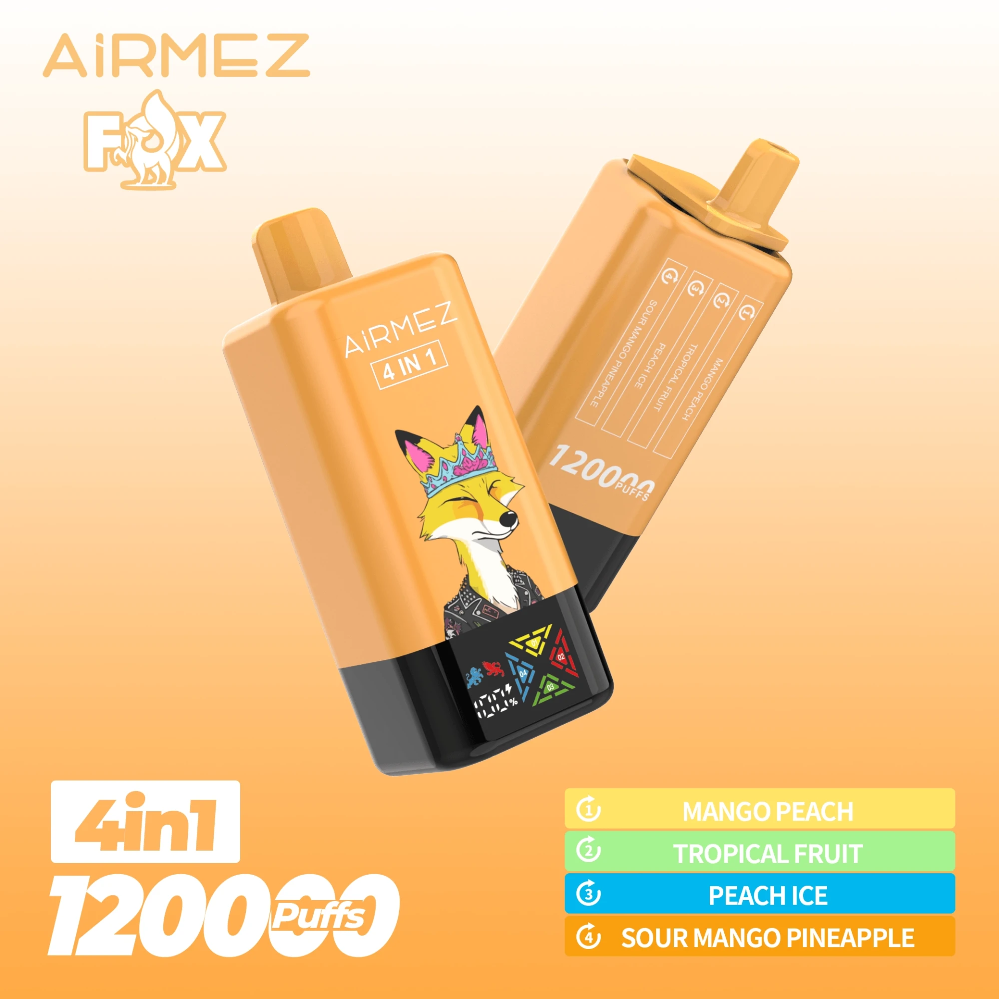 AIRMEZ FOX 4-in-1 12000 Disposable Vape, Mango Peach Tropical Fruit Peach Ice Sour Mango Pineapple, 12000 Puffs, Fox Design, Bulk E-Cig