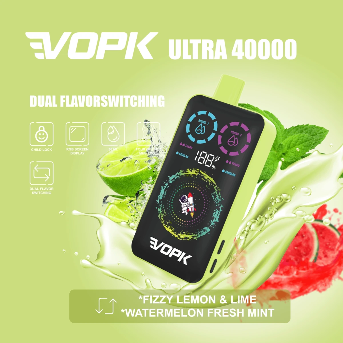 VOPK ULTRA 40000 Puffs Disposable Vape, Dual Flavor: Fizzy Lemon Lime Watermelon Fresh Mint, RGB Screen Bulk Wholesale