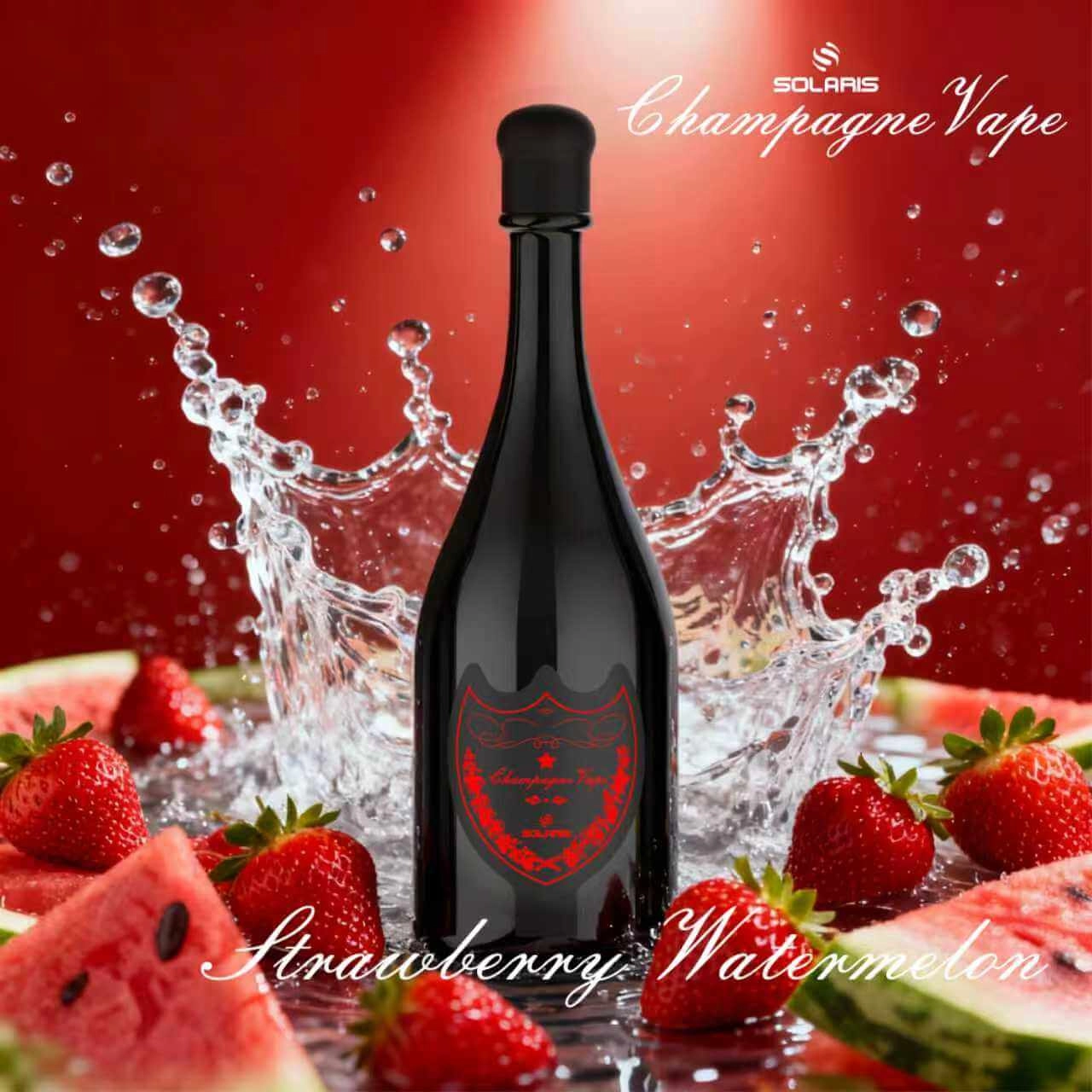 SOLARIS Champagne Vape Strawberry Watermelon disposable vape, black champagne bottle with red logo, surrounded by fresh strawberries and watermelon slices on red background with water splash.