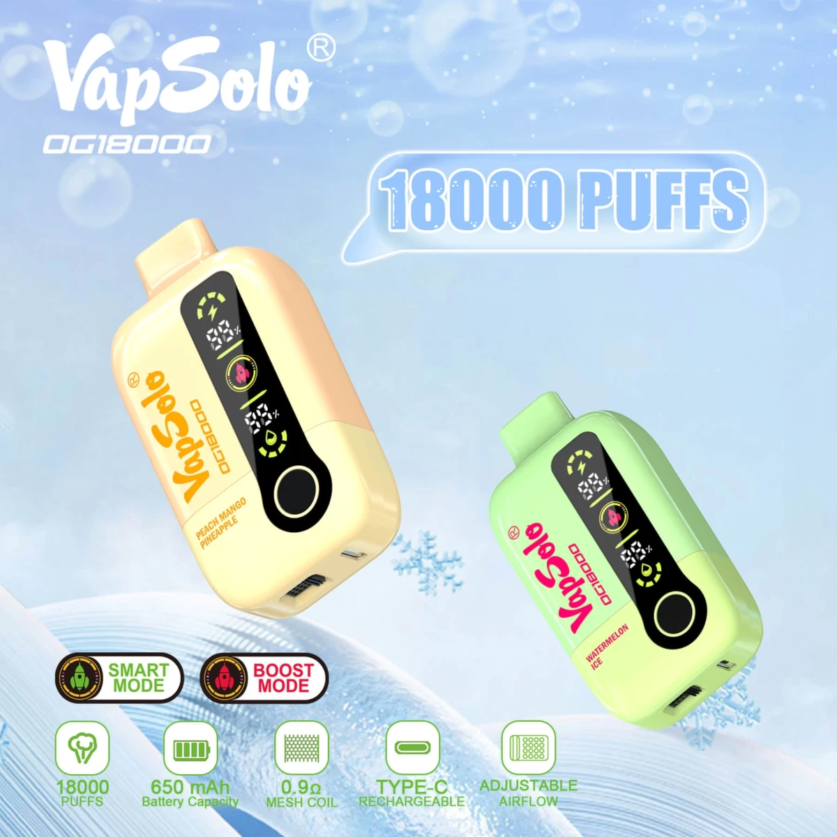 Yellow (Peach Mango Pineapple) and green (Watermelon Ice) VapSolo OG18000 disposable vapes, featuring dual Smart/Boost modes, digital displays, and Type-C rechargeable port.