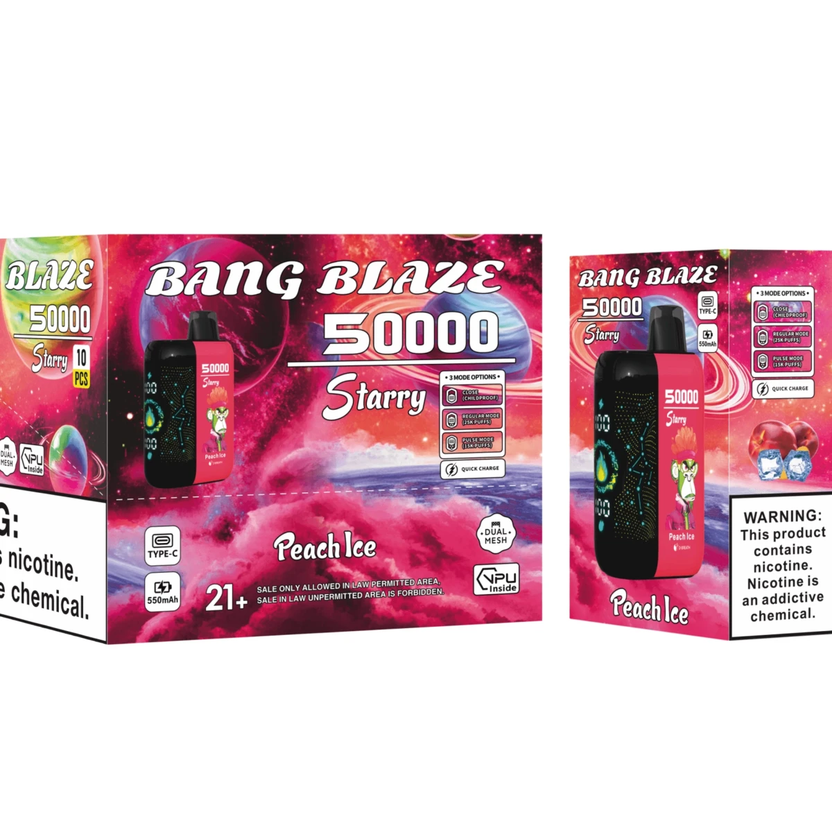 Bang Blaze 50000 Starry Peach Ice vape, 550mAh battery, Type-C rechargeable