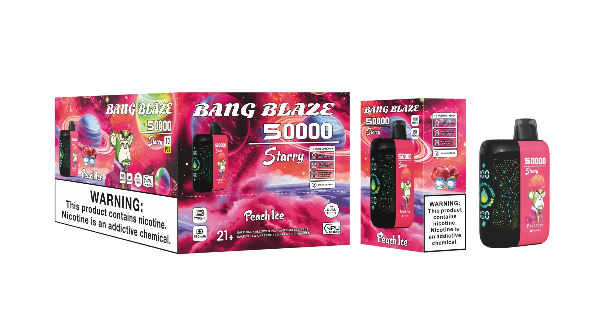 Bang Blaze 50000 Starry Peach Ice vape, 550mAh battery, Type-C rechargeable