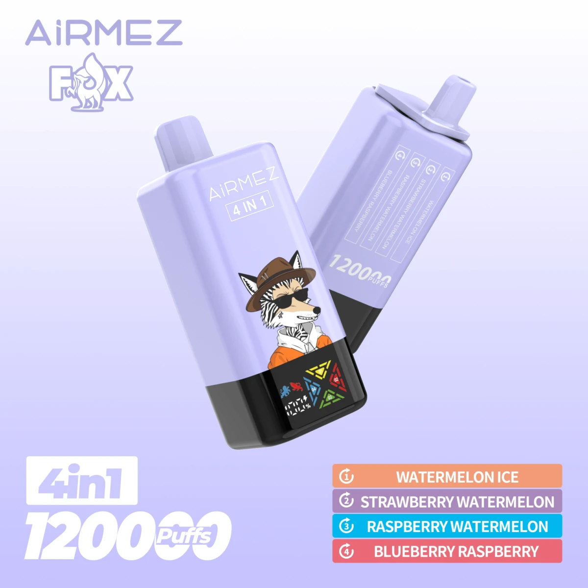 AIRMEZ FOX 4-in-1 12000 Disposable Vape, Watermelon Ice Strawberry Watermelon Raspberry Watermelon Blueberry Raspberry, 12000 Puffs, Fox Design, Bulk Vape